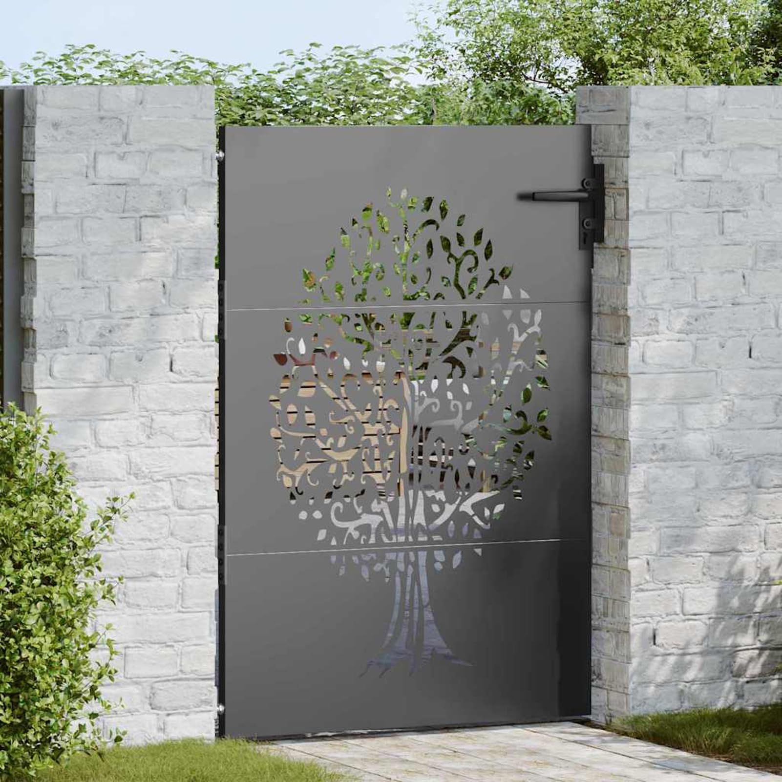 Cancello da giardino nero, 85 x 150 cm, in acciaio verniciato a polvere, con motivo tagliato al laser, resistente alle intemperie e alla ruggine, per giardino e terrazza