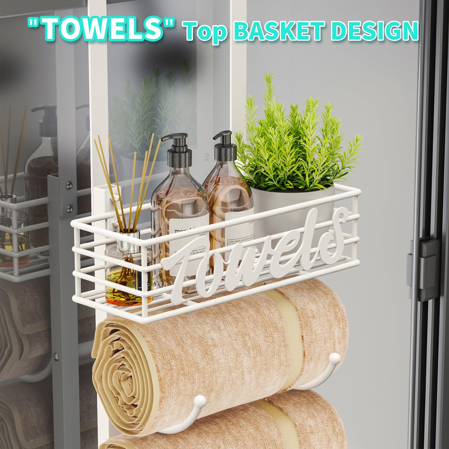 HapiRm Over Door Towel Rail-Towel Storage Rack Wall Mounted with Metal Shelf, 6-Tier Over Door Towel Rack, Towel Holder, White - Image 3