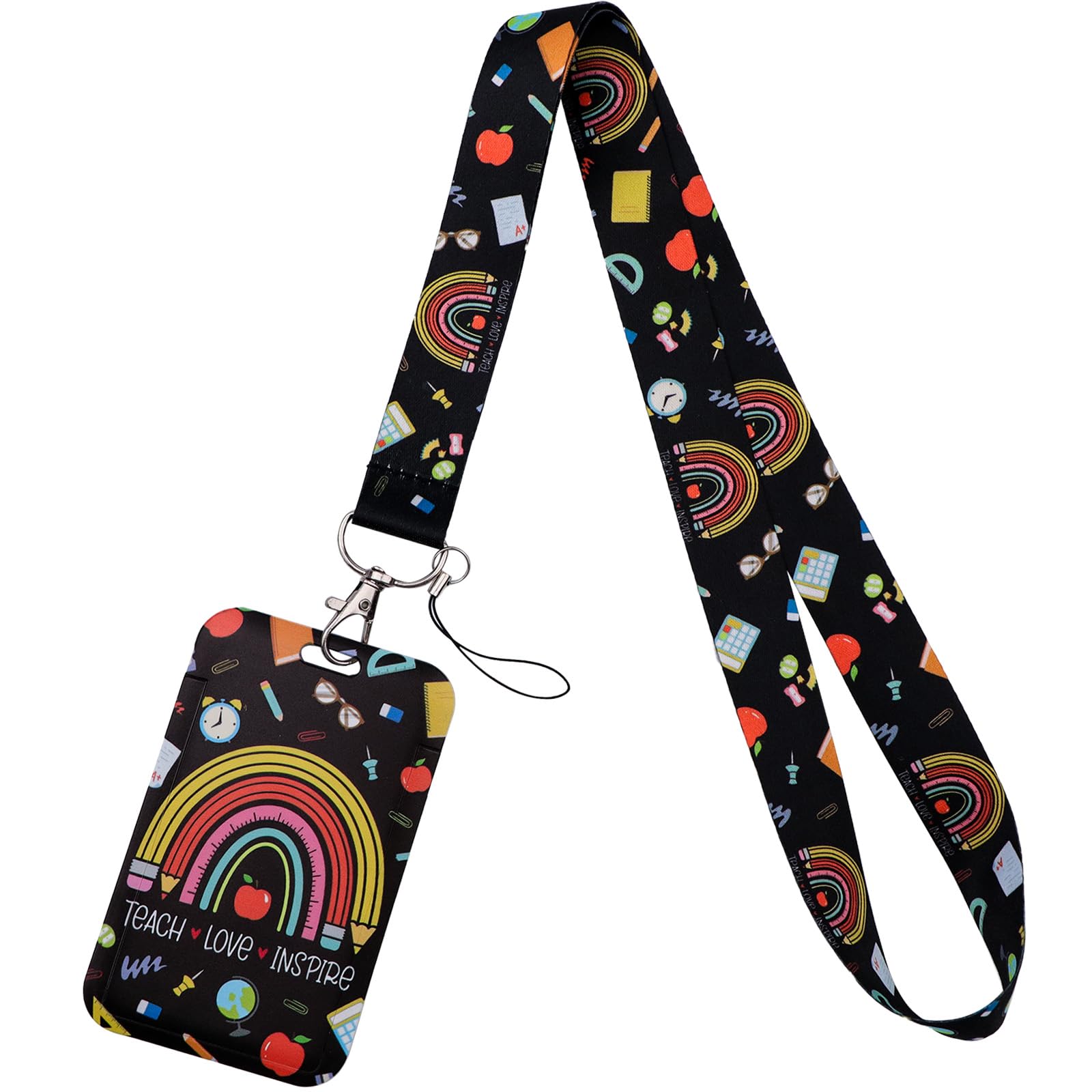 Cute Teachers Card Holder Lanyard for Keys & ID Badge Rainbow Keychain Lanyard ID Holder for Women Men Girls for Preppy Work & School ID(Black)