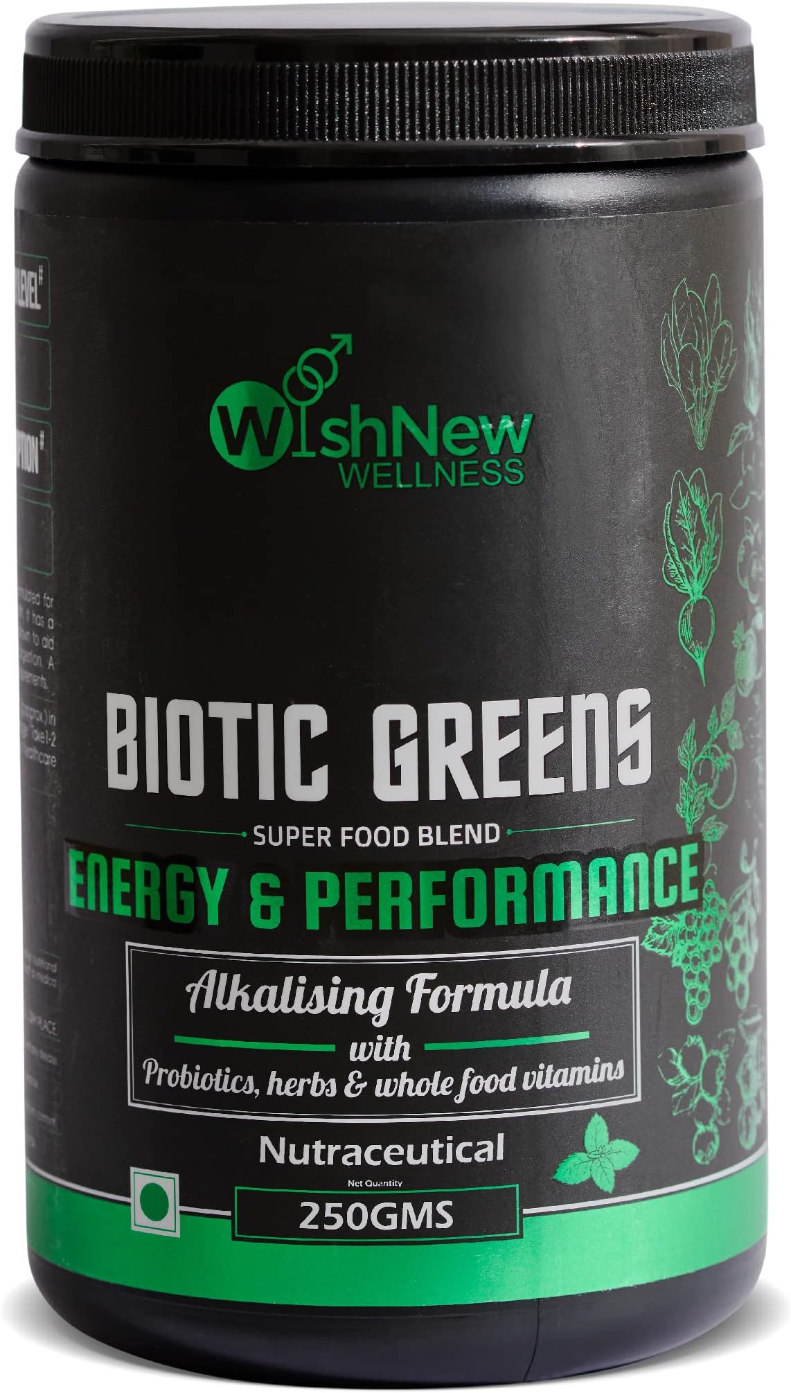 WishNew Wellness Biotic Greens| Green Athletic Superfoods with Probiotics, Herbs And Whole Food Vitamins for Daily Well Being, Digestion, Bloating & Healthy Gut | Immunity Boost & Detox For Men & Women| Mint Flavor Multivitamin Nutrition Supplement Powder- 250g