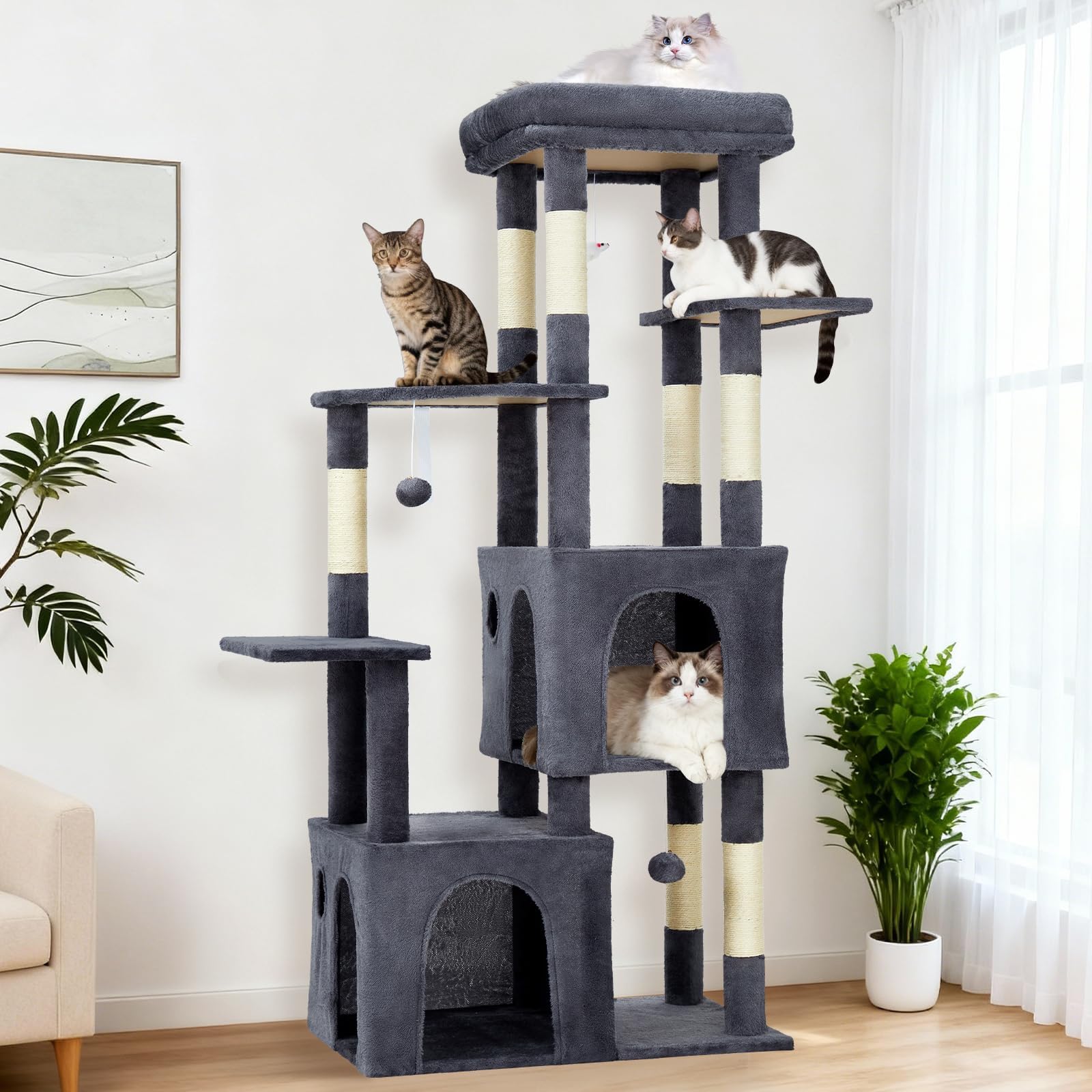 Heavy-Duty 61" Multi-Level Cat Tree Tower for Large Indoor Cats & Maine Coons – Extra-Large Perch, 2 Spacious Condos, Sturdy Sisal Scratching Posts, Play Toys, Stable Modern Activity Center