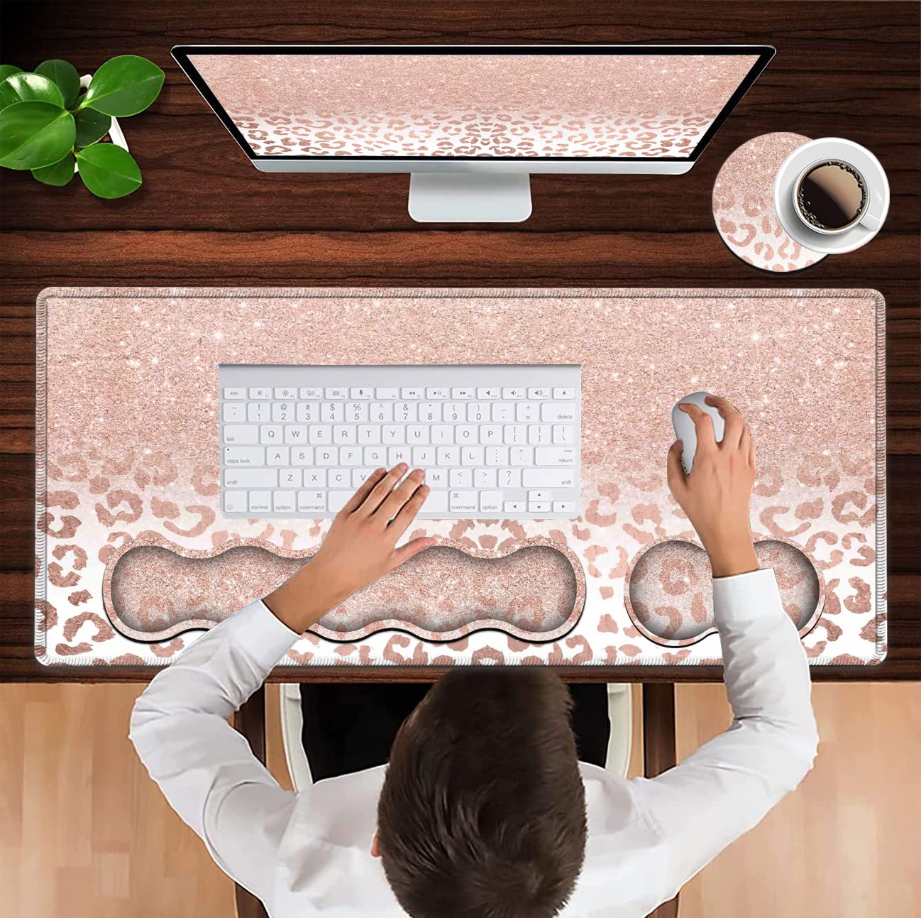 Großes Mauspad und Gel-Maus-Handgelenkauflage + Memory-Schaum-Tastatur-Handgelenkauflage-Set, rutschfeste Gummiunterseite für Büro, Zuhause, XXL-Leoparden-Sternmuster, rosa Schreibtischunterlage
