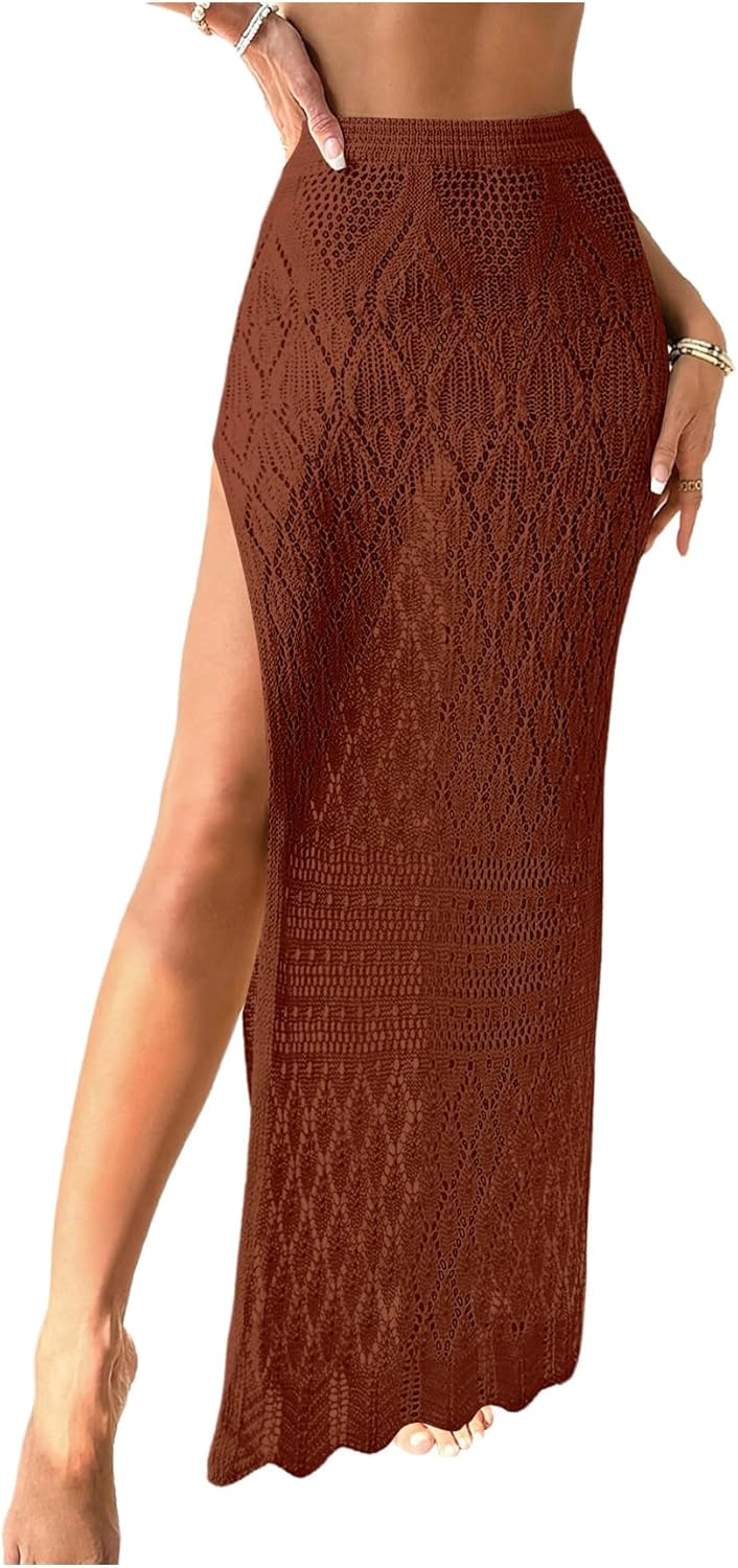 SHENHE Women's Crochet Swim Cover Up High Slit Sheer Long Beach Skirt Cover Up