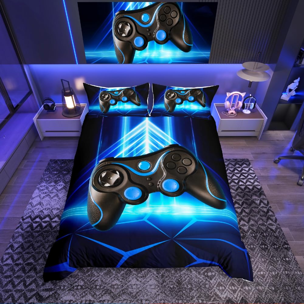 Homemissing Gamer Duvet Cover Set Boys Teens Video Game Gaming Bedding Set Geometric Triangle Comforter Cover Kids Console Gamepad Anime Quilt Cover Bedroom Collection 3Pcs King Size,Blue — image 1