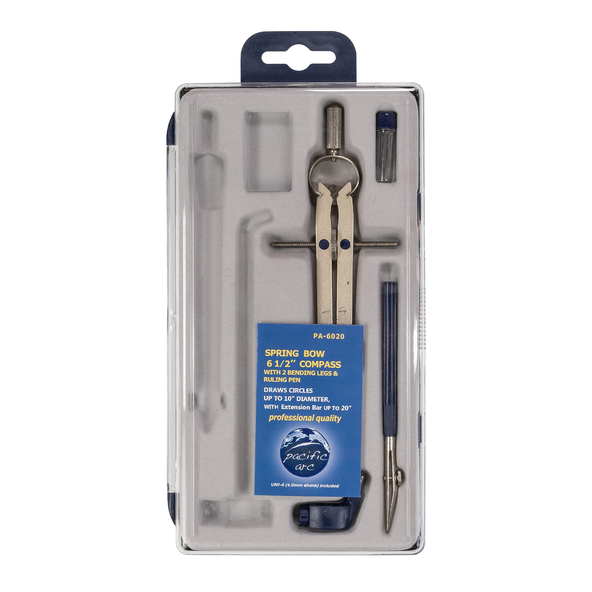 Spring Bow Compass with ruling Pen, Universal Adaptor, 6 inch Break Leg, and Replacement Lead.