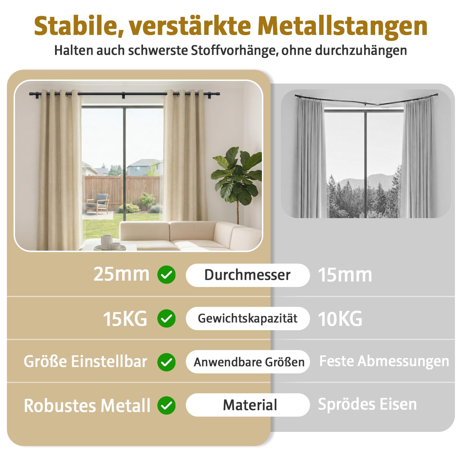 Tringle à rideaux extensible avec support - Noir - 76-397 cm de diamètre - 25 mm de diamètre - Tringle à rideaux extra longue pour chambre à coucher, salon - Métal mat robuste