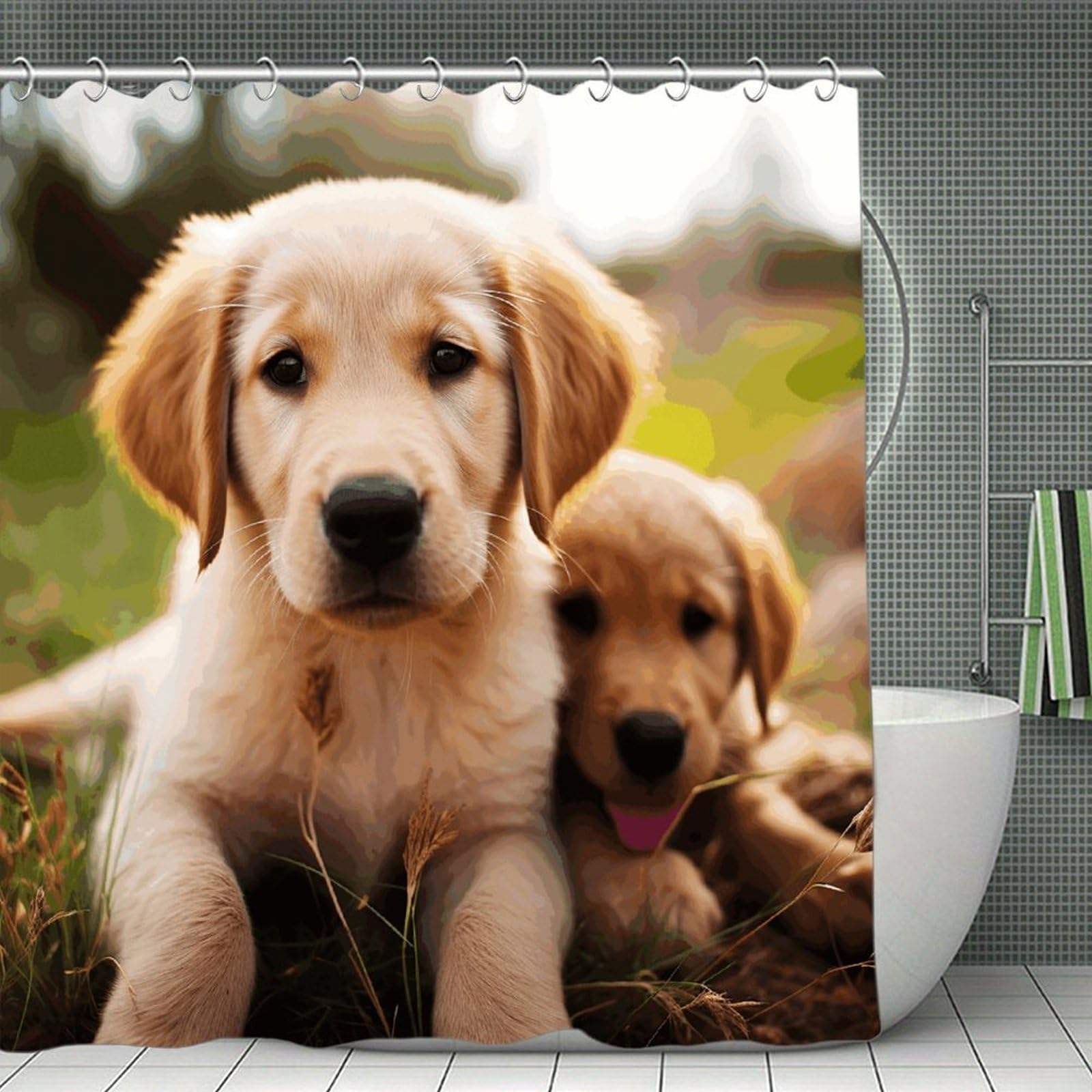 VstaDank Cute Golden Retriever Puppy Shower Curtain Waterproof Bathroom Curtain with Hooks Luxury Weighted Bath Curtains for Bathtubs Showers Room Dividers Decorative Shower Curtains 71x71 in