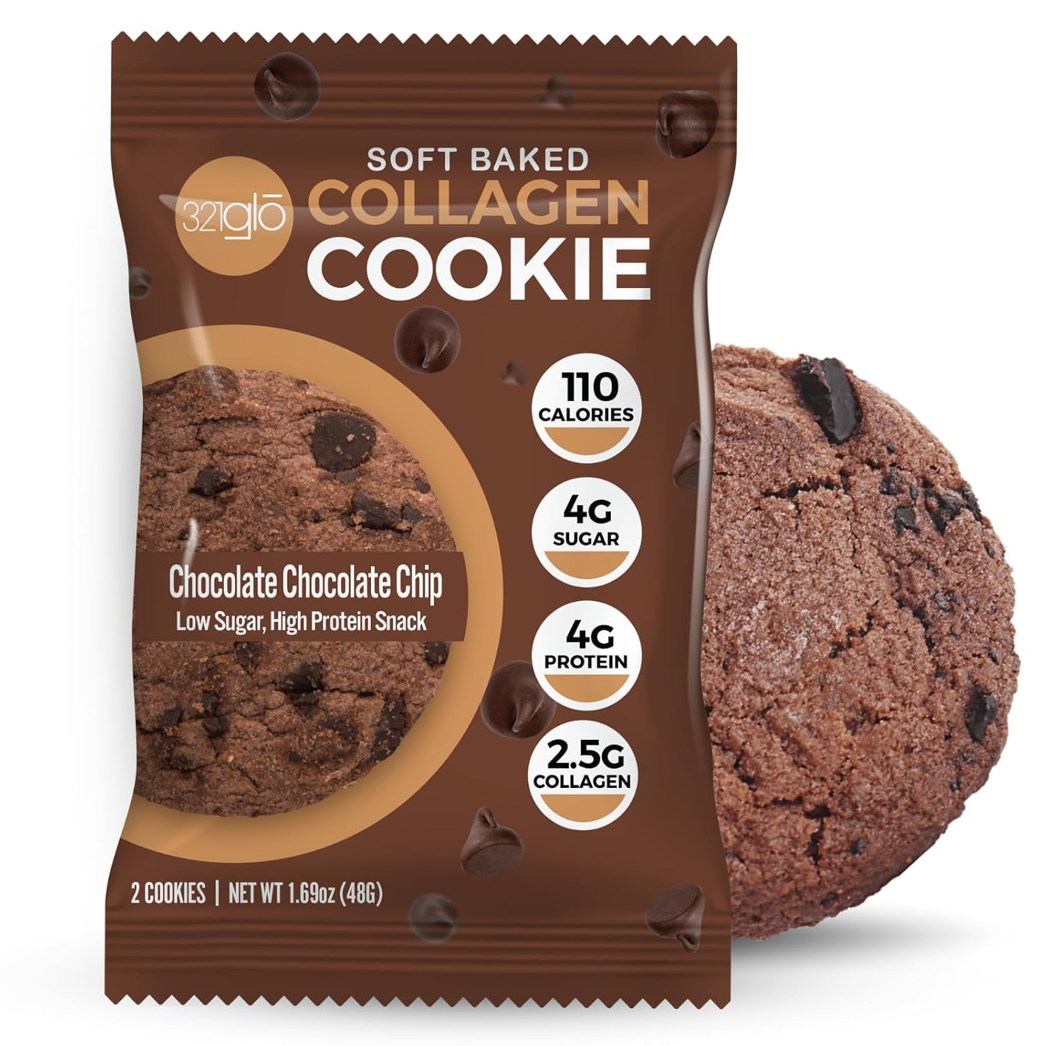 321glo Collagen Cookies | Soft Baked, High Protein Cookies | Low Carb, Low Sugar | Keto Snack for Women, Men, & Kids | 12 Pack (Double Chocolate Chip)