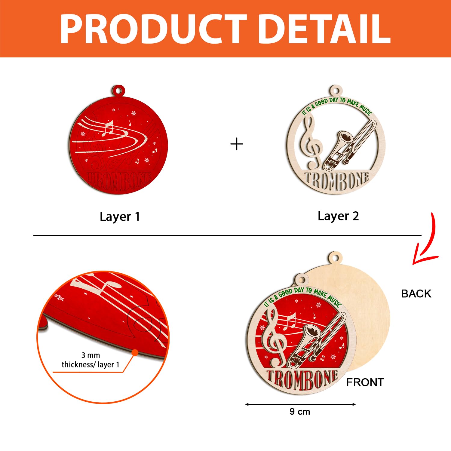 3D Posaune Holz Ornamente für Weihnachtsbaum, Musikinstrument Posaune Ornament mit Violinschlüssel & Musiknote, Marschband Posaune Ornament Andenken Geschenk für Posaune Spieler Liebhaber Band
