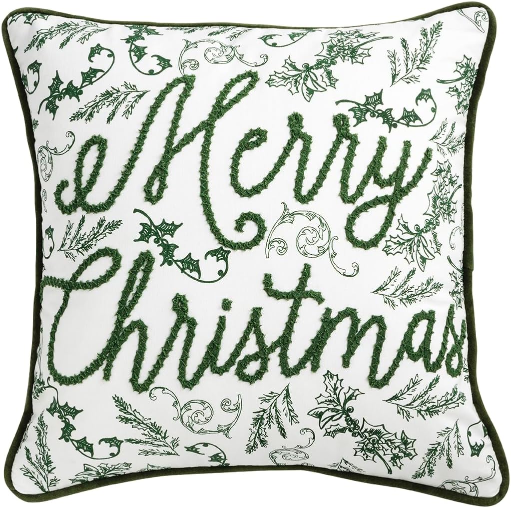 Mud Pie Green メリークリスマス トイル枕、18インチ x 18インチ