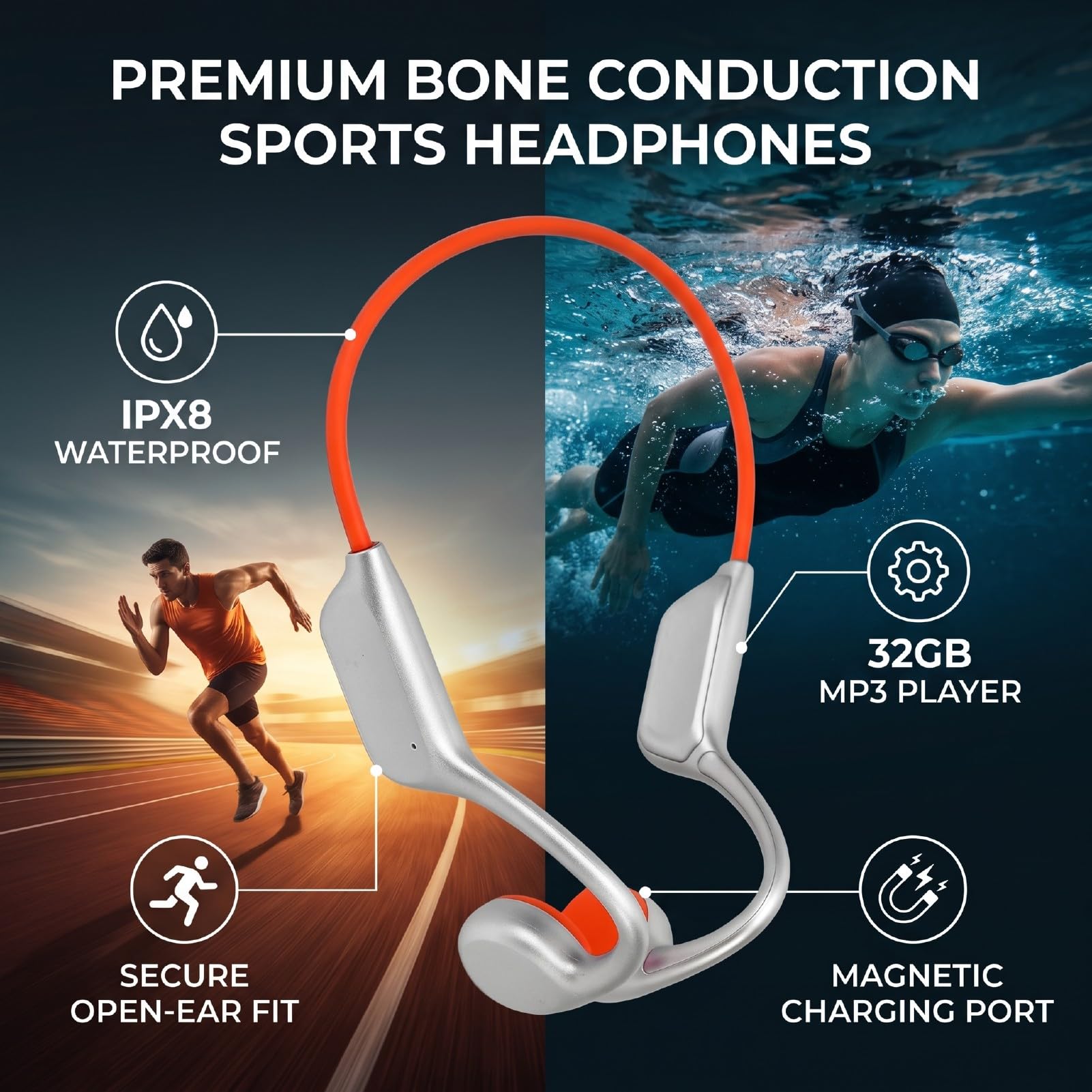 Cuffie a Conduzione Ossea per Nuoto, Auricolari Sportivi a Orecchio Aperto IPX8 con Lettore MP3 da 32 GB, per Piscina, Corsa, Palestra e Sport Acquatici (Bianco Arancio)