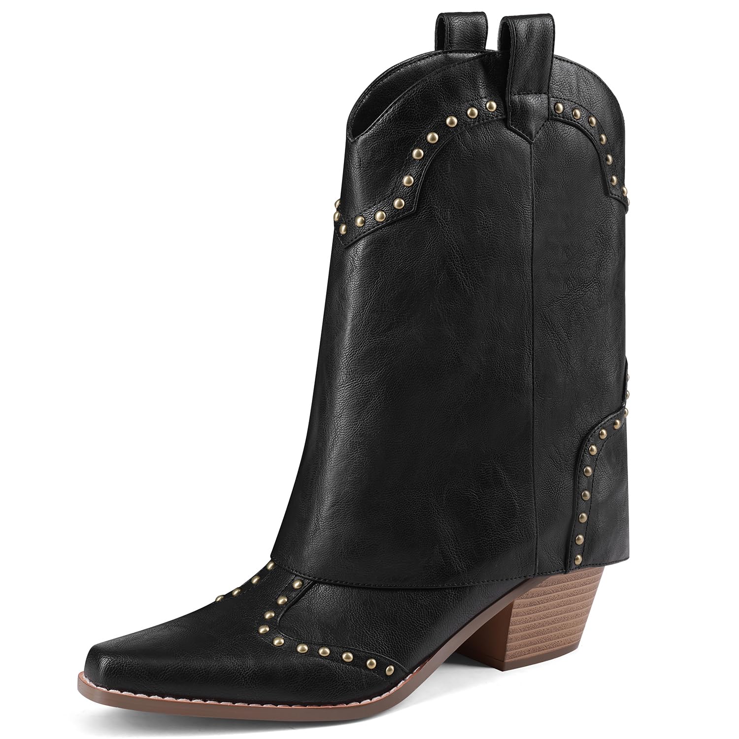 Women Shark Boots Fold Over Cowboy Boots Cowgirl Ankle Chunky Heel Snip Toe Pull On Studded Boots for