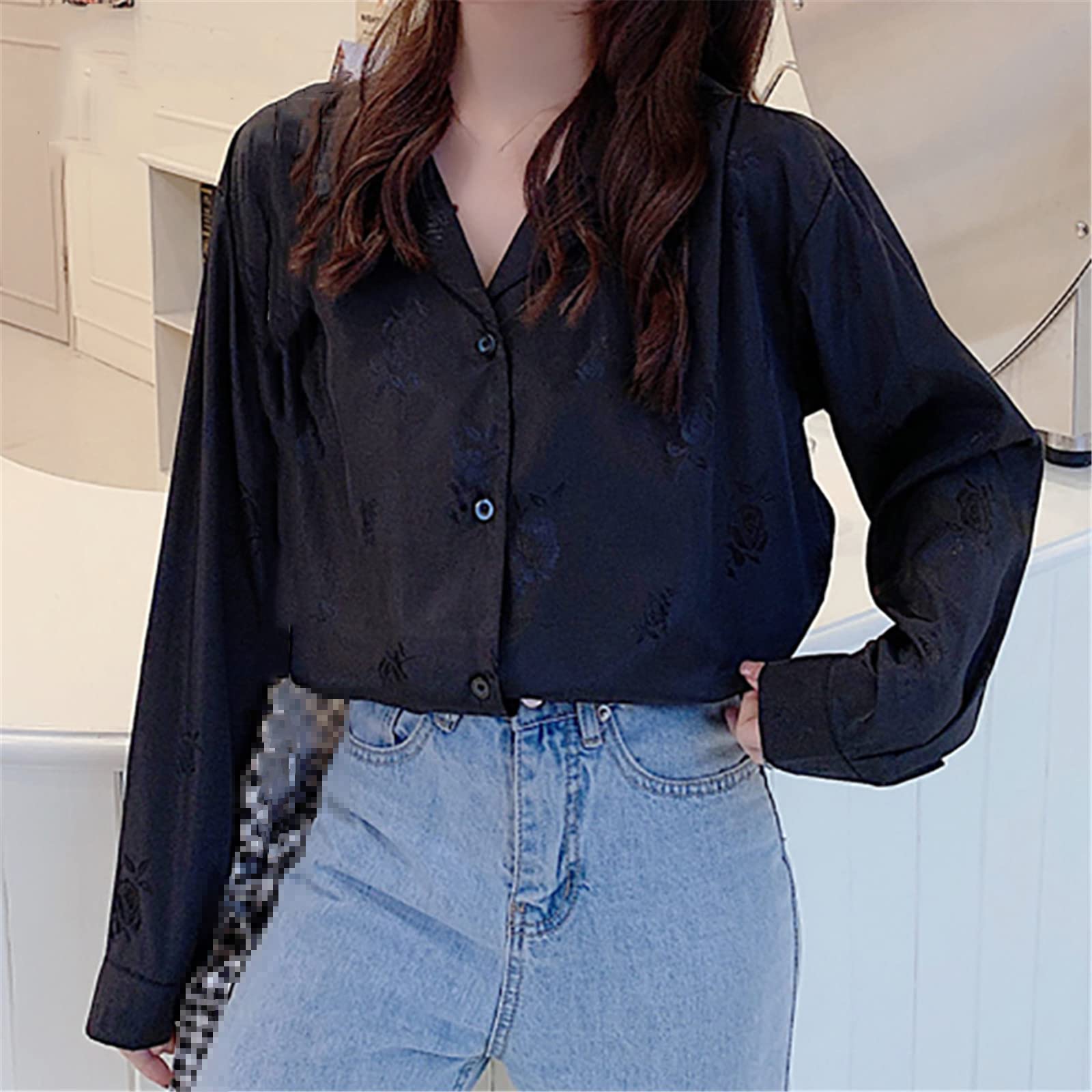 Chemisier vintage boutonné pour femme avec col rabattable à manches longues, Noir , M