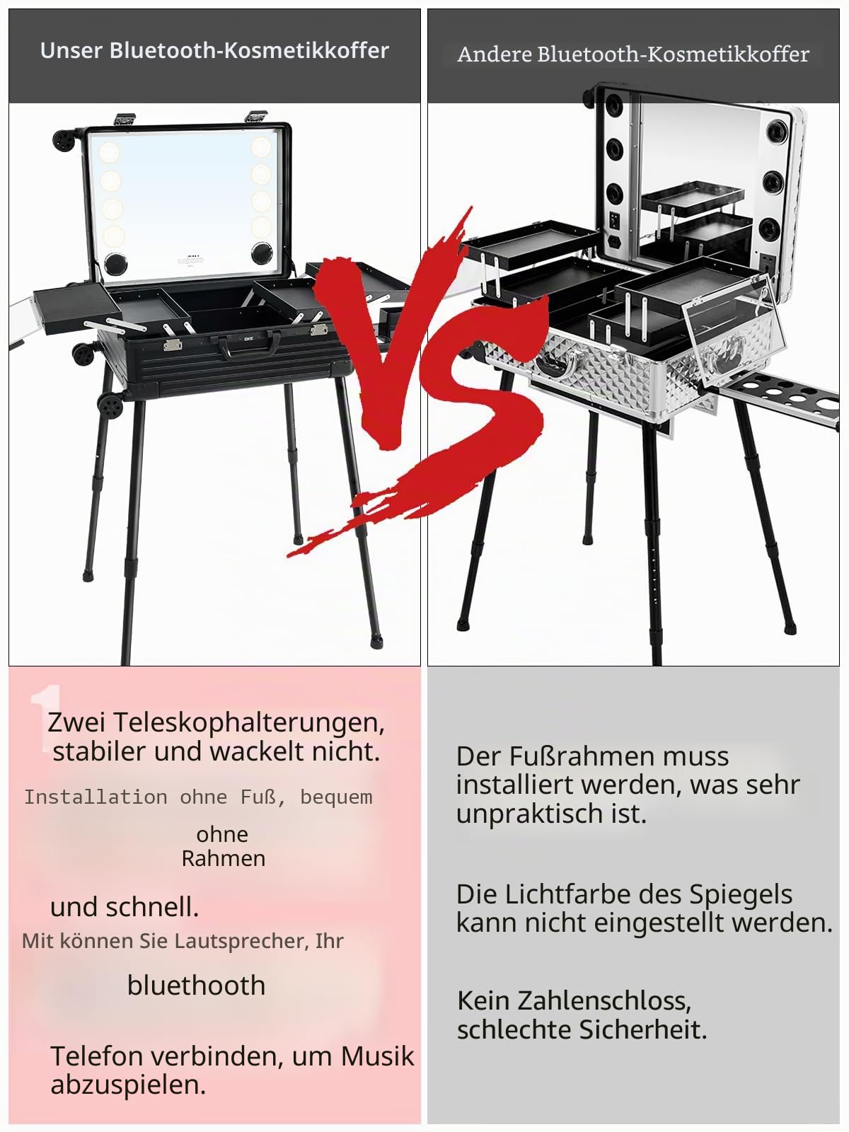 EBANKU Kosmetikkoffer Trolley Schminkkoffer, 24in PC Rolling Makeup Train Case Professionelle Künstler Kosmetik Organizer mit Spiegellichtern Nail Tech Organizer Storage, 4 Display-Tasten (Schwarz)