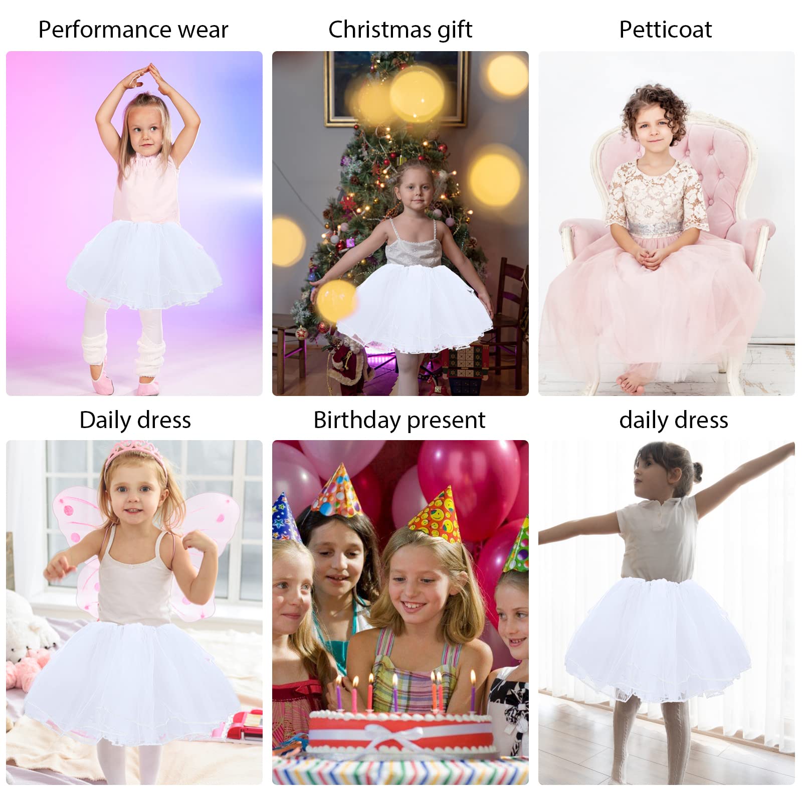 WLLHYF Dziewczęca spódnica tutu, 4 warstwy, tiulowa, tutu, elastyczna, puszysta, do tańca baletowego, dla małych dzieci, dzieci, na imprezę bożonarodzeniową (biała), biały, Einheitsgröße