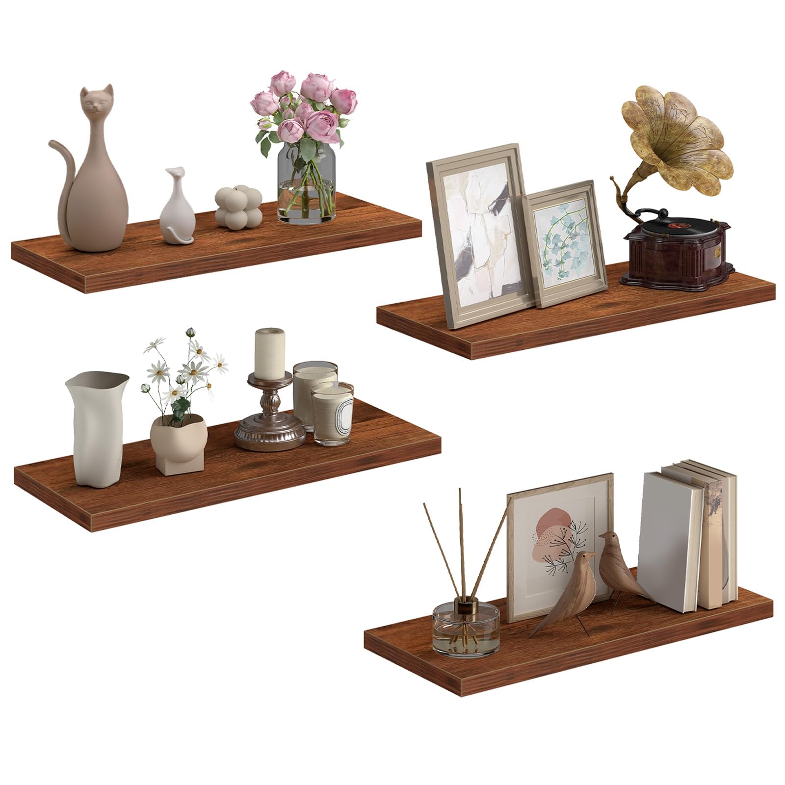 Somdot Wandregal Schlafzimmer, 40cm, T-Halterungen, 4er Set, Braun | Schweberegal, Hängeregal,mit Wasserwaage, Holzwerkstoff, dekorativ, einfache Montage, Wohnzimmer, Küche, 14,7T x 40B x 1,5H