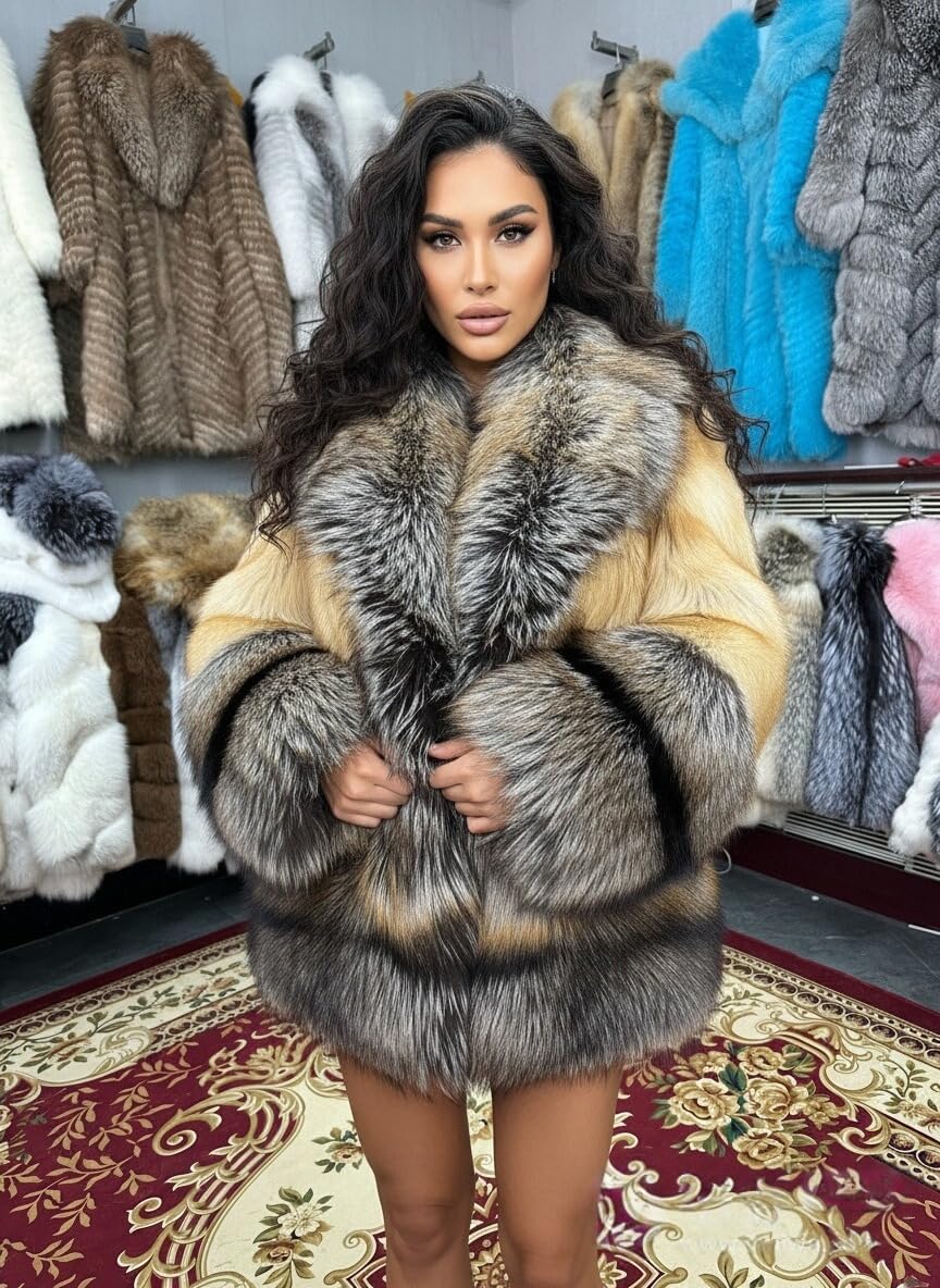Women Natural Raccoon Fur Coat Jacket with Real Fox Fur Trim Overcoat Luxurious