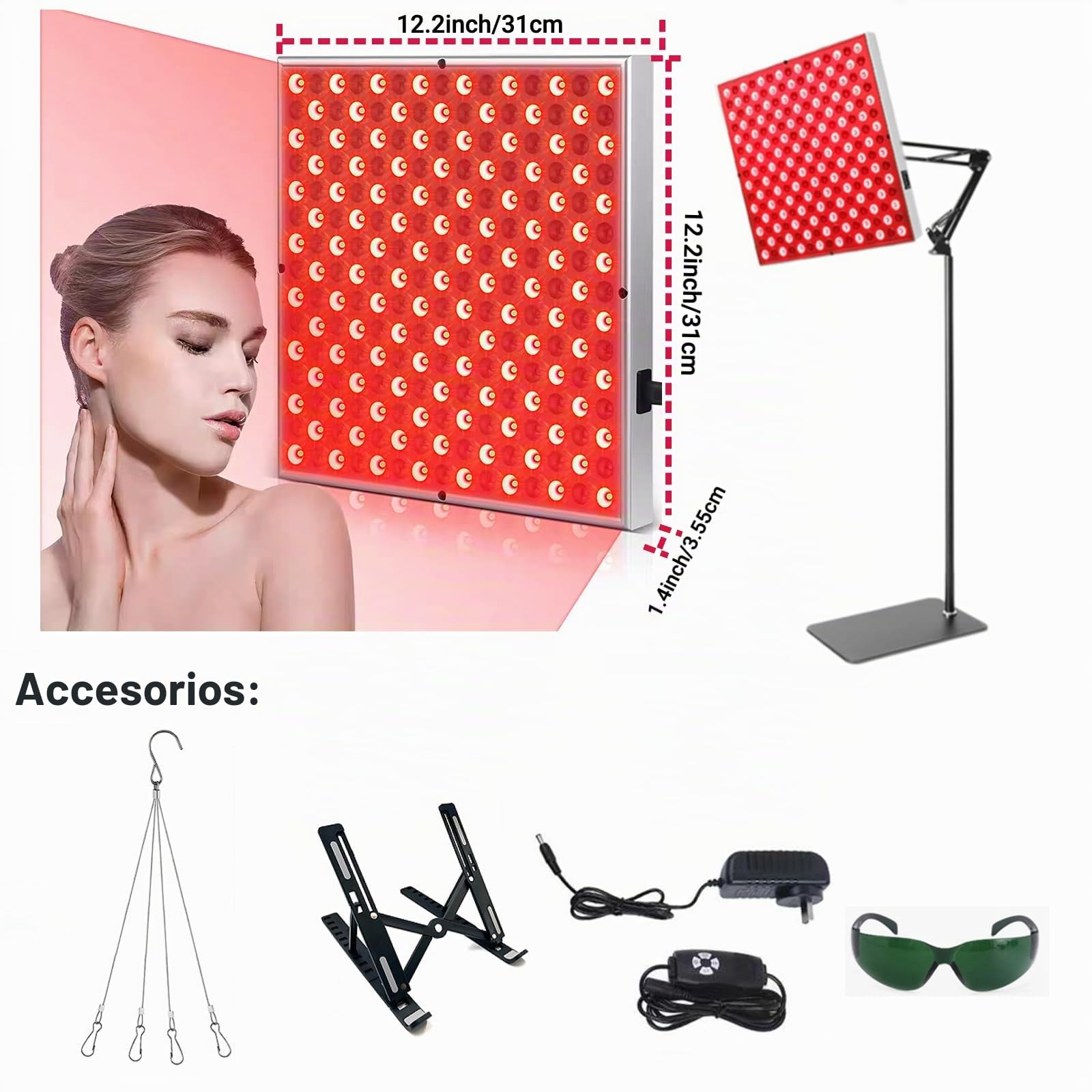 Lámpara de terapia de luz roja con 225 LED, panel calefactor de infrarrojo cercano de 660 nm y 850 nm para rostro, espalda, hombros,brazos,cuerpo,cintura,piernas,alivio del dolor,con soporte,5 niveles
