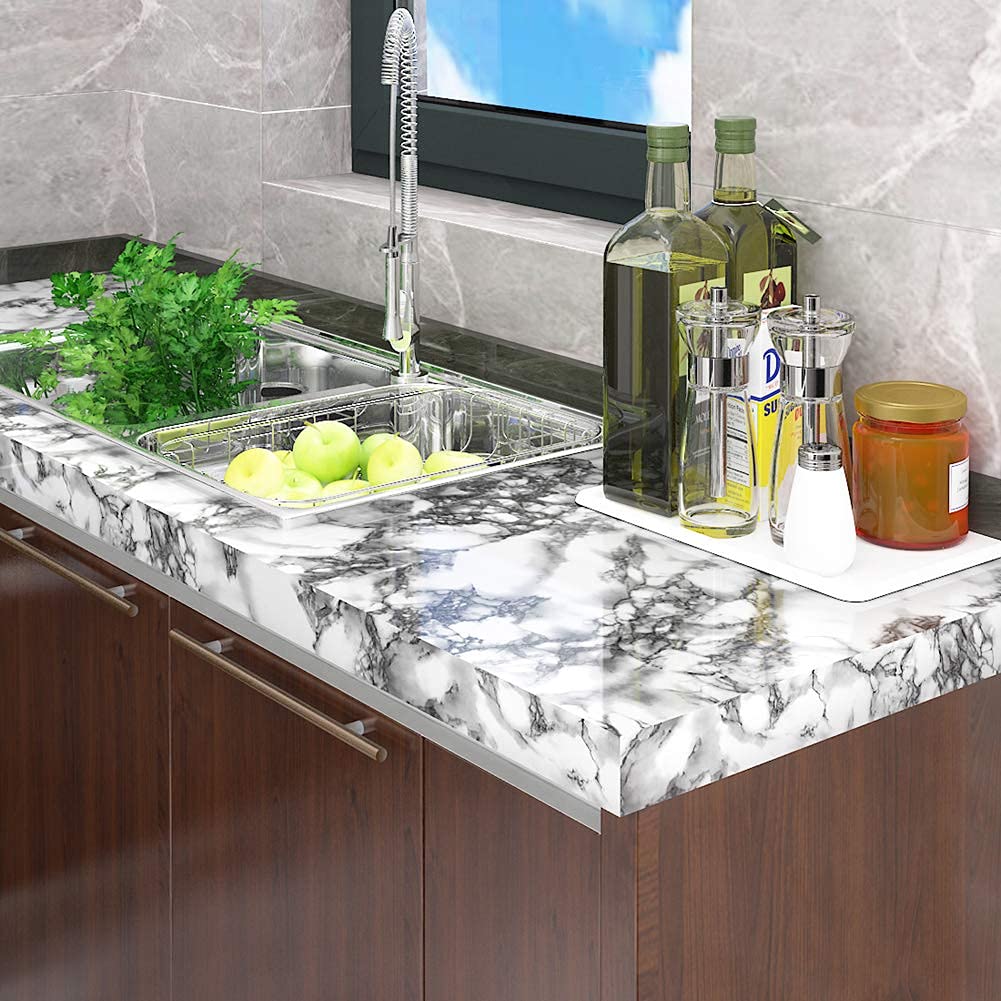 LaCheery Marmol Vinilo Adhesivo Muebles Blanco Gris Brillo 90cm x 400cm Vinilo Encimera Cocina Marmol Papel Adhesivo para Muebles Blanco Impermeable Papel Pintado Pared para Armarios Baño