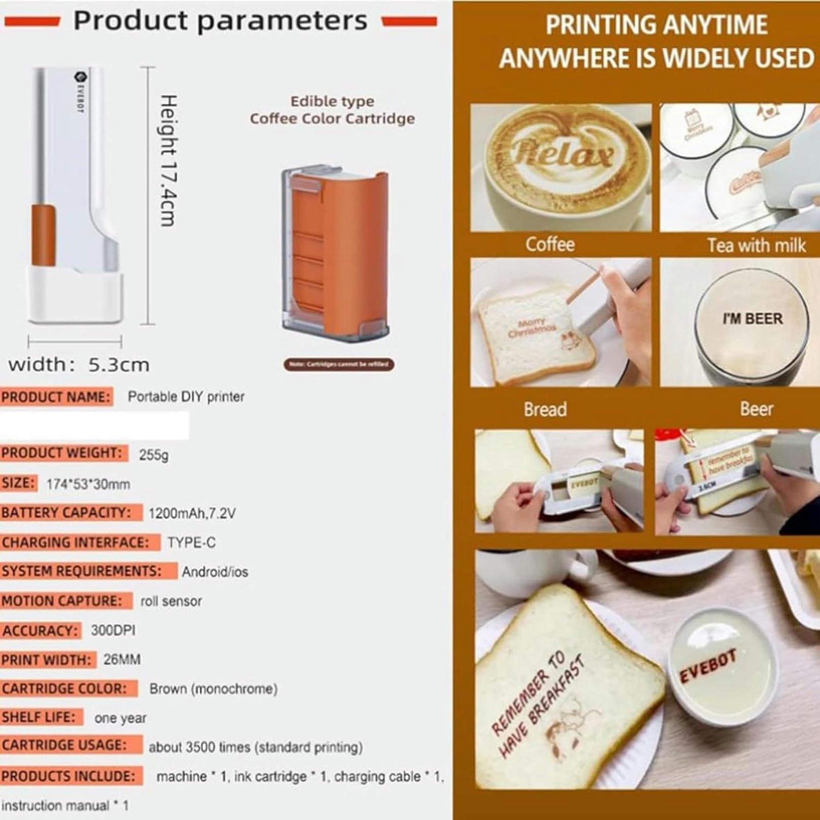 Penna Stampante Alimentare Portatile e Stampante a Getto d'inchiostro commestibile con Controllo App, Macchina da Stampa WiFi, Macchina per Torte, caffè, Dessert, Decorazioni Fai da Te