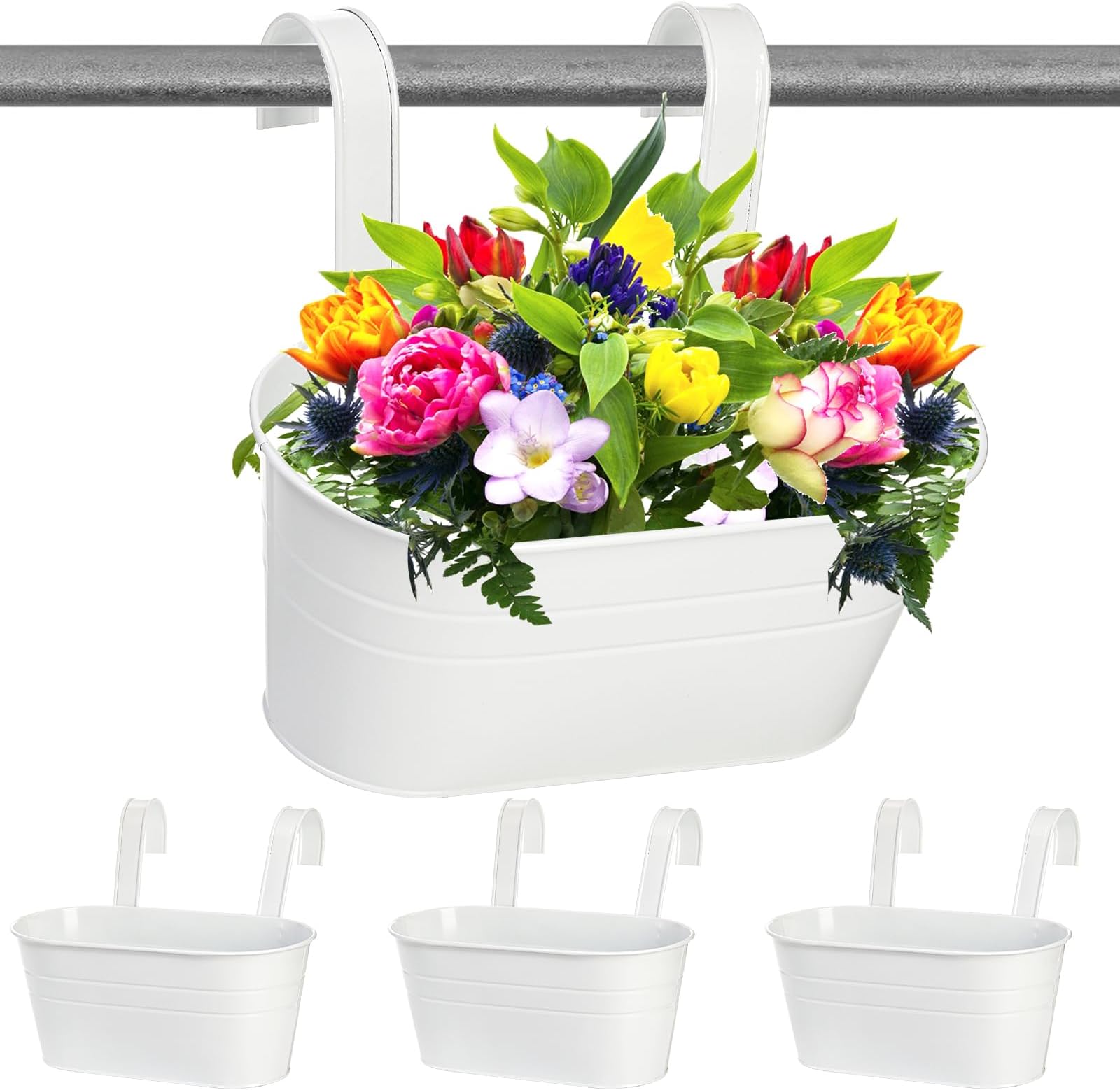 Foraineam 4 Pack Hanging Flower Pots, Metal Iron Plant Pot Holders, Large Fence Railing Balcony Garden Hanging Bucket Planters with Detachable Hooks for Indoor and Outdoor Decor