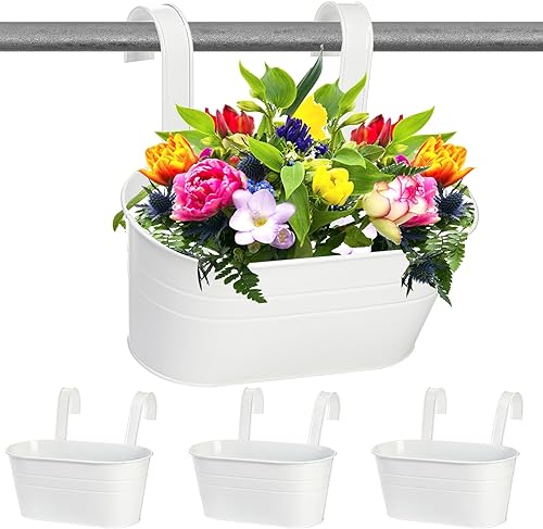 Foraineam Paquete de 4 macetas colgantes, soportes de metal de hierro para macetas, barandilla de valla grande, balcón, jardín, macetas colgantes