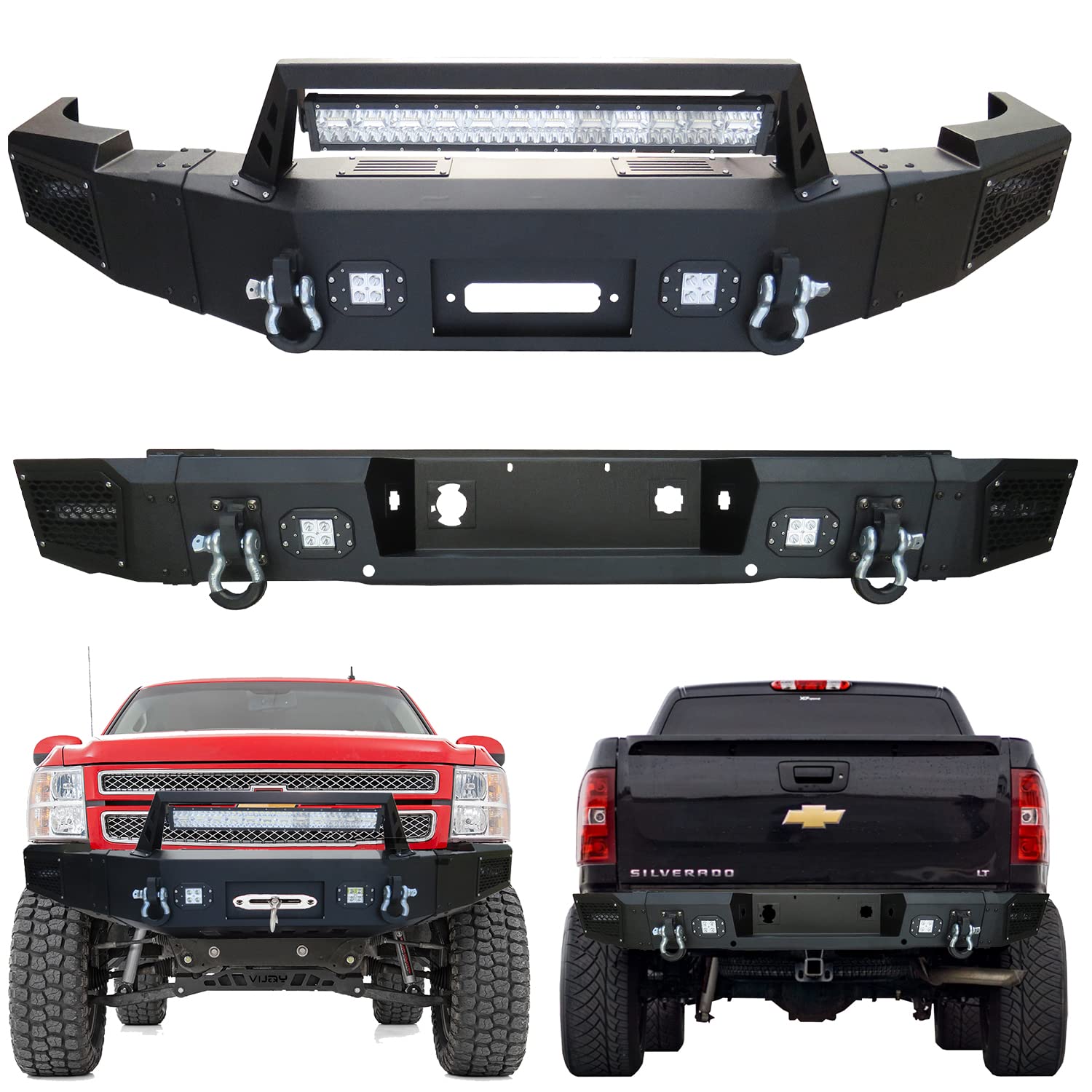Ronghui Silverado 1500 Front And Rear Bumper With Winch Plate And LED SpotLights And DRings For
