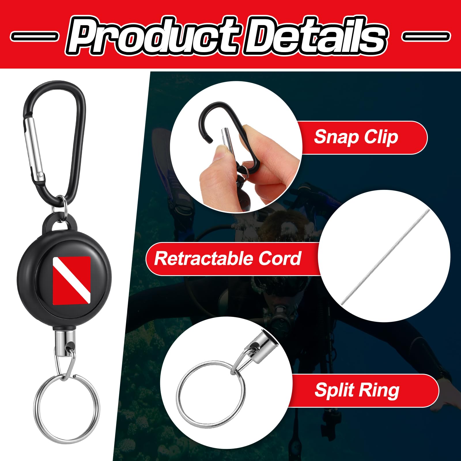 Liliaafar 12 clips retráctiles para equipo de buceo, llavero de acero inoxidable resistente con cable de extensión de liberación rápida de 61 cm para medidores de buceo, pesca submarina, linternas de