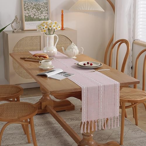 Miniatura 2 de Rakila Camino de mesa de lino, estilo rústico bohemio, bordado con borla para cocina, comedor, decoración de mesa de fiesta en interiores y