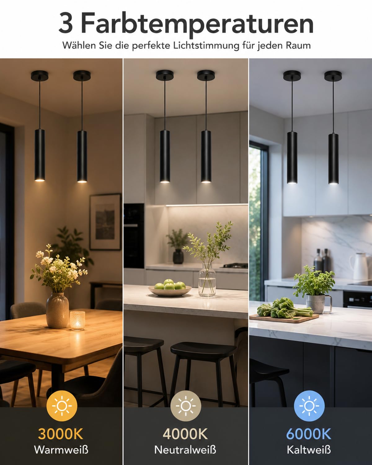 ACMHNC 2 Stück Pendelleuchte GU10 Schwarz, Höhenverstellbar für Kücheninsel | 10W Zylinder Hängeleuchte mit 120 cm Kabel, 3 Lichtfarben für Küche Esstisch, Ø 6 × 30 cm