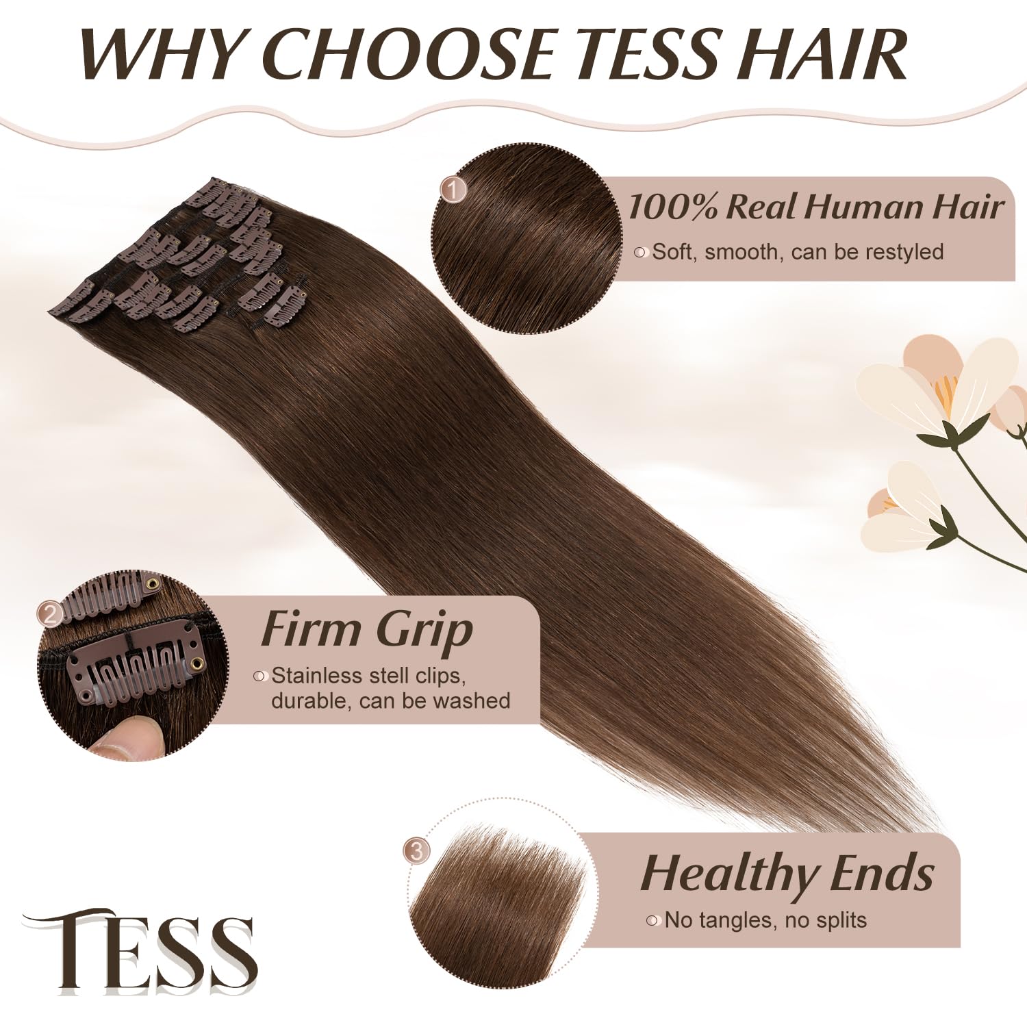 TESS Clip in Hair Extensions Real Human Hair Brown Remy Seamless 8 Pieces Straight Long for Women/Girls (#04 Medium Brown, 24 Inch 80g) - Image 3