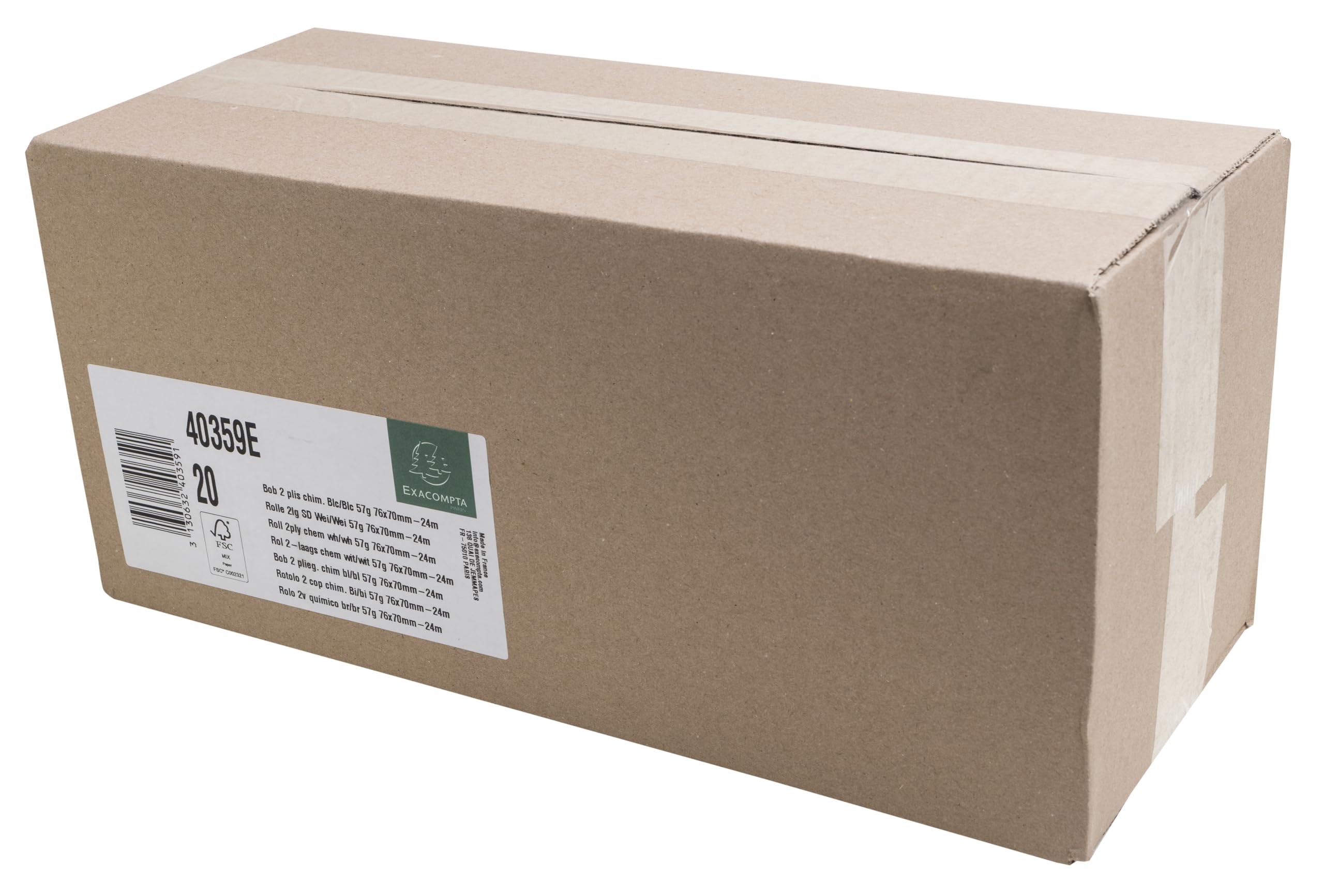 Exacompta - Réf. 40359E - Carton de 20 bobines pour tickets de caisse 76x70 mm - 24m- 2 plis chimique (blanc/blanc) autocopiant 57g/m2 - Blanc