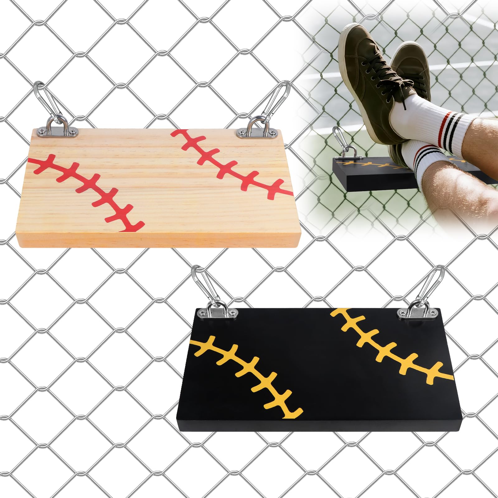 Photo 1 of 2PCS Portable Hanging Wood Footrest with Baseball Designed - Wooden Foot Rest Board for Fences, Ergonomic Footrest for Fans, Athletes, Wood Foot Tray for Baseball and Softball Games and Events