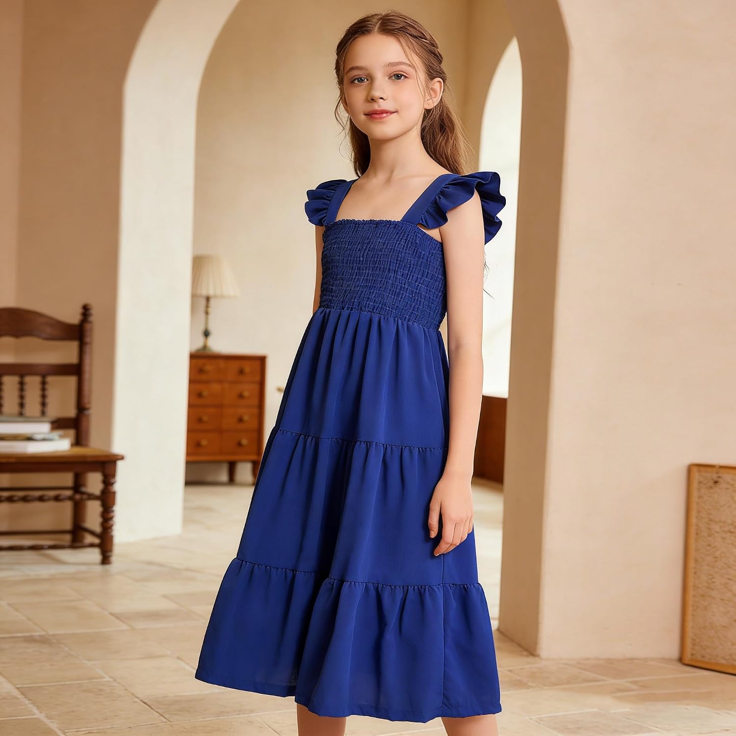 RETSUGO Girls Dresses Summer Flutter Sleeve Swing Casual Solid Color Tiered Smocked Dress 6-14 Years Old