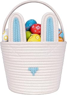 Blue White Small Woven Basket,Cotton Rope Storage Basket,Dog Cat Toy Basket,Decor Basket with Handle for Nursery,Kids Room,Empty Gift Basket Baby Basket
