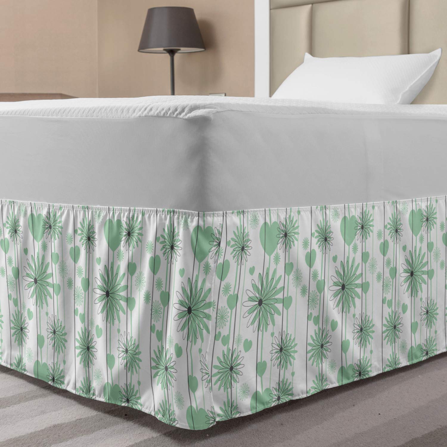 Lunarable Hearts Bed Skirt Floral Abstract Striped Background Soft Color Daisies Nature Flourish Elastic Bedskirt Dust Ruffle Wrap