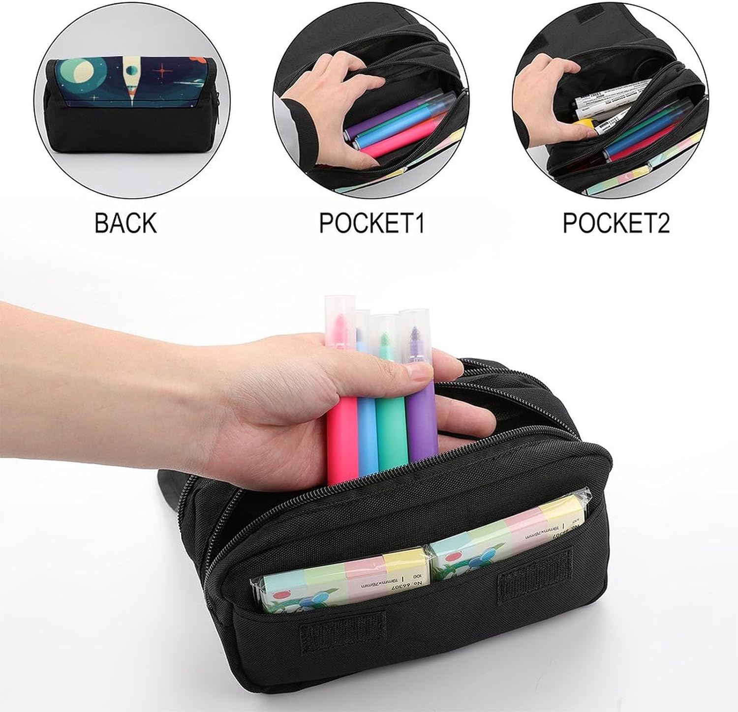 Pencil Case Rocket in Space Large Capacity Pencil Case Double Zipper Storage Bag 2 Compartments Portable Multifunctional Bag Desk Organizer Marker Pen Case
