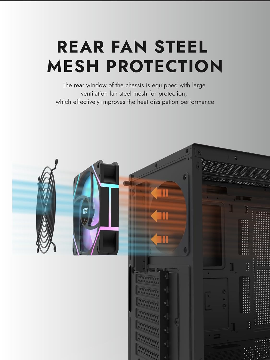 Traseira view of darkFlash DS900 Air case showing steel mesh protection for the rear fan