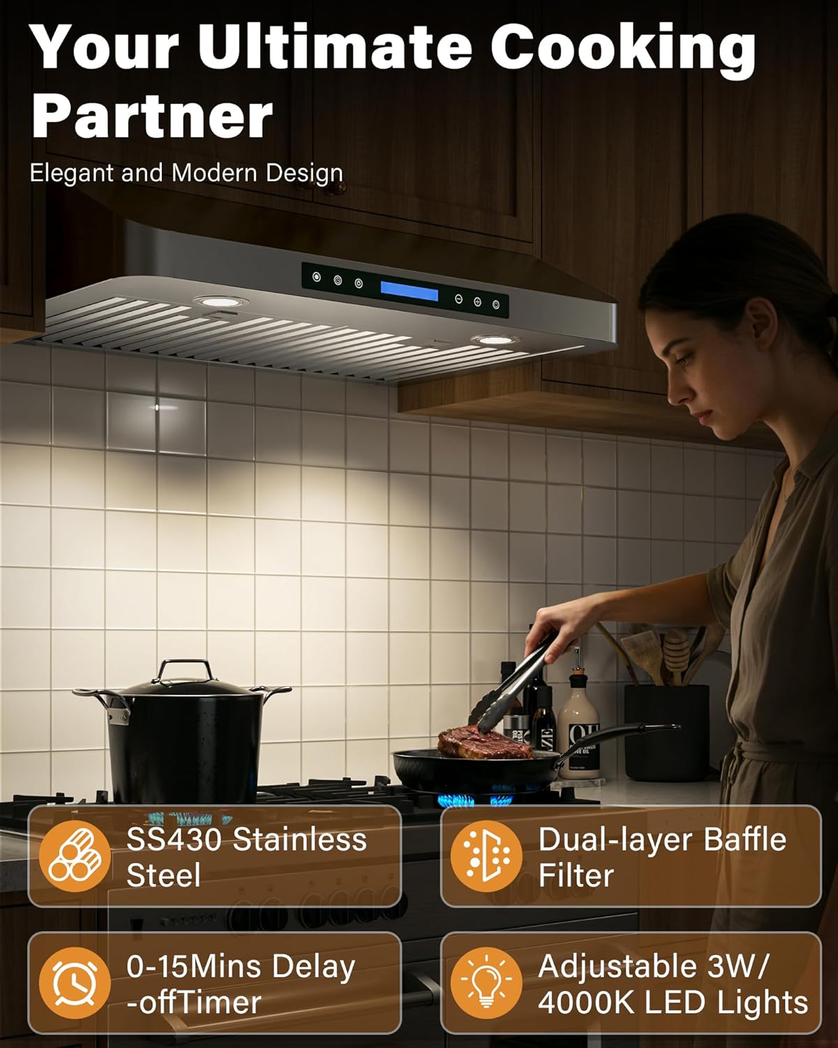 30 inch Stainless Steel Under Cabinet Range Hood - 900 CFM, Ultra-Quiet 4-Speed Vent, Touch/Remote Control LCD, LED Lights, External Venting