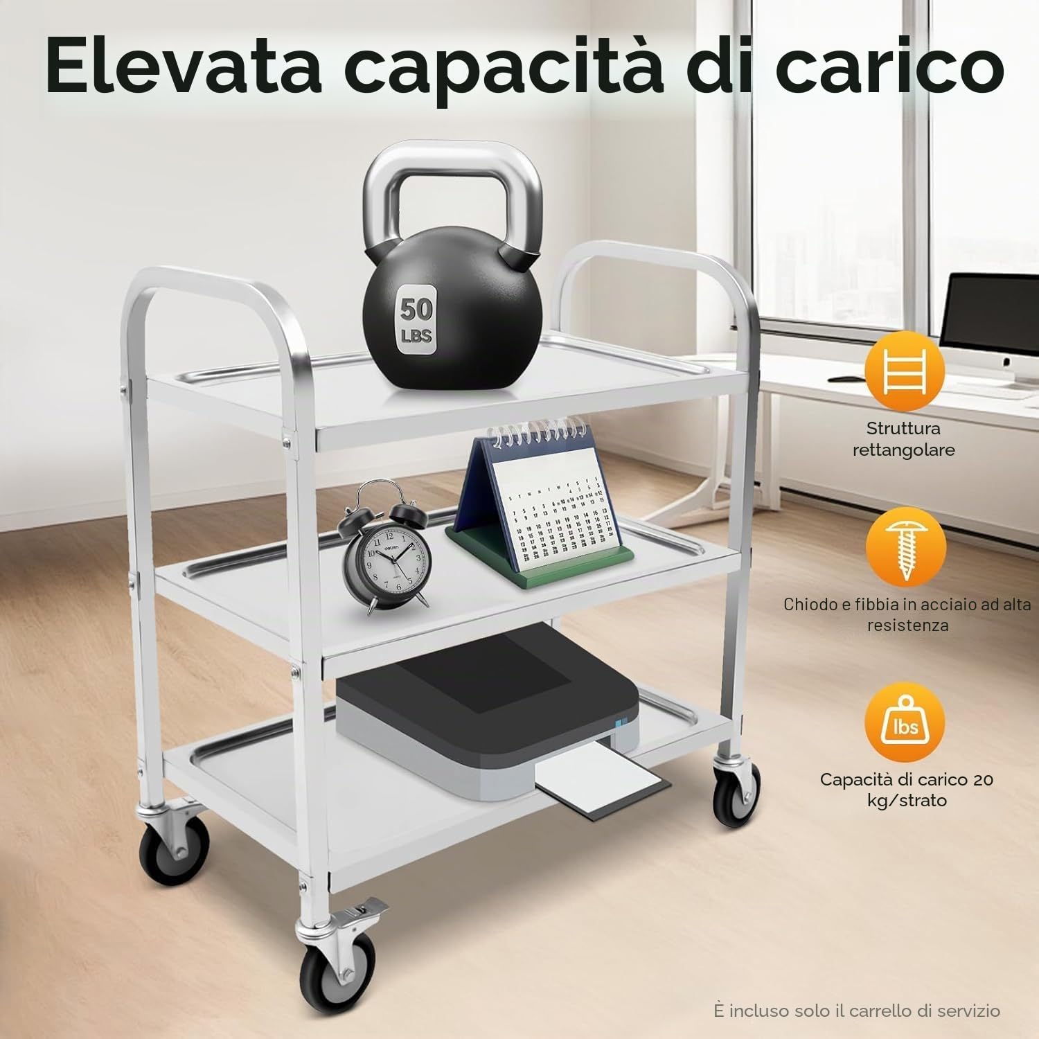 Royal Catering Carrello da servizio professionale in acciaio inox | 3 ripiani + 4 ruote con freno di stazionamento | 75 × 40 × 83,5 cm carrello da cucina per gastronomia, hotel e catering
