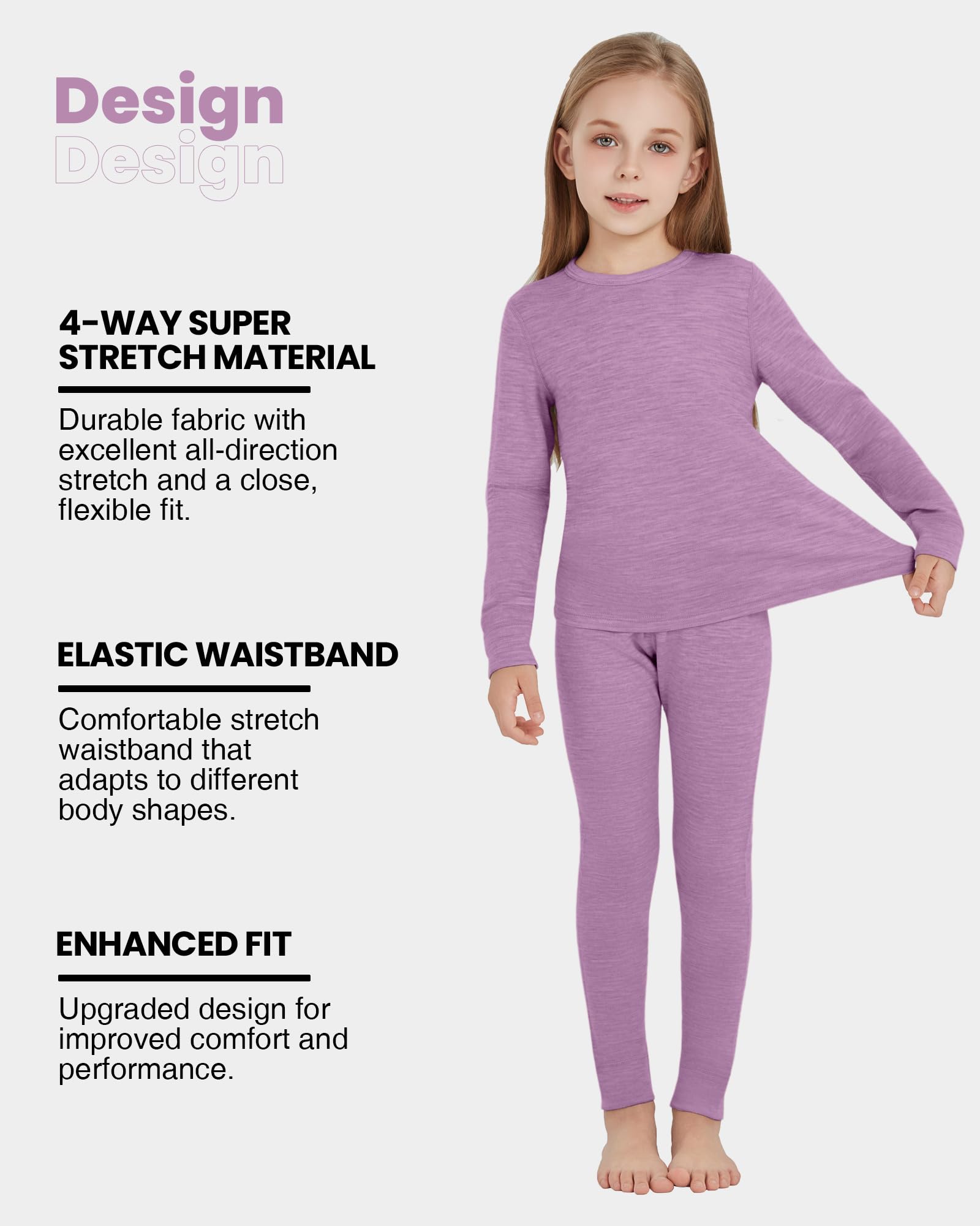 Ropa interior térmica infantil unisex, 100 % lana merino, juego para niños y niñas, ropa interior de esquí de invierno, cálida y cómoda, 260 g/m², color violeta 9-10