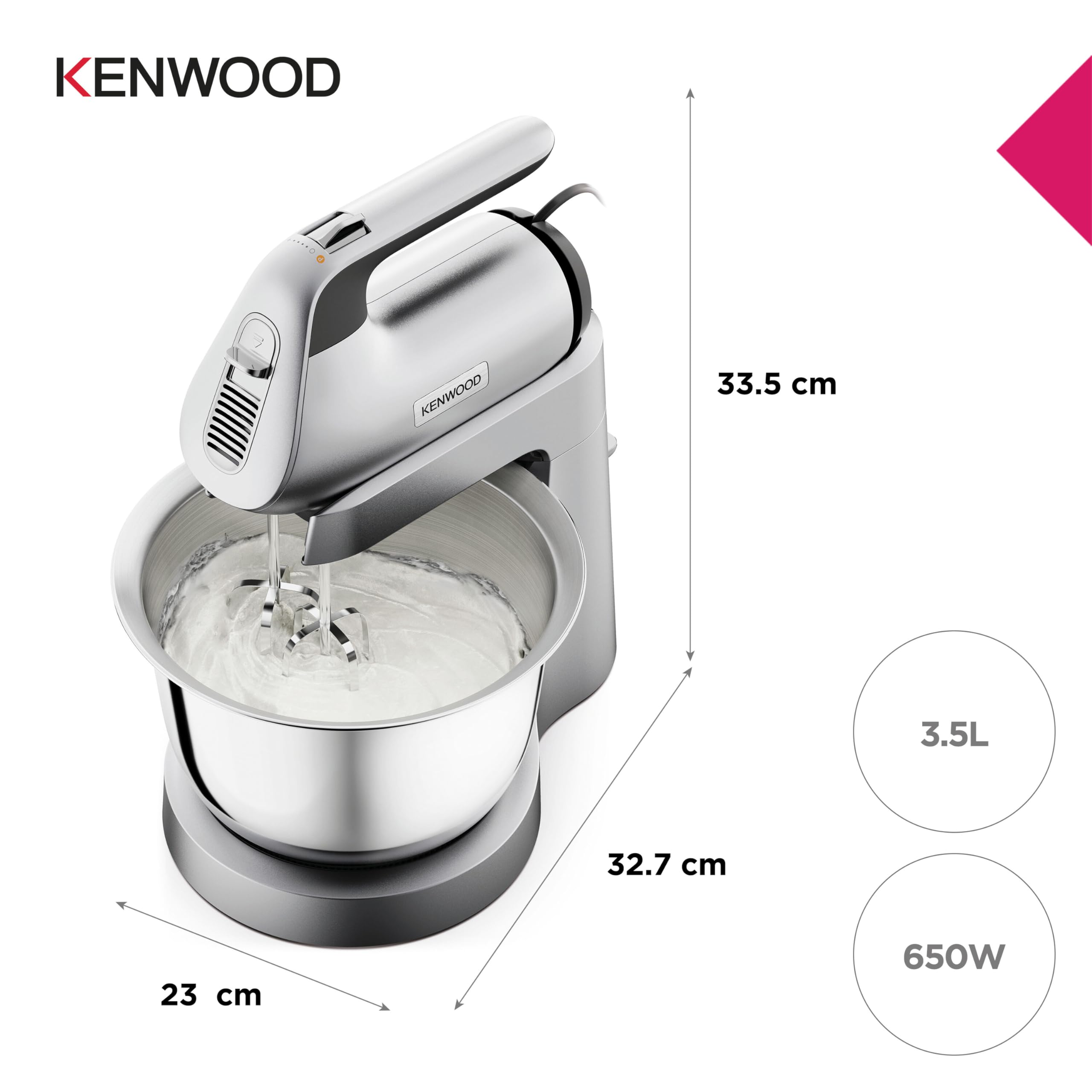 Kenwood Chefette Batidora de Pie y de Mano Todo en Uno, Bol de Acero Inoxidable de 3,5L, Velocidad Variable + Pulse, 650W, HMP54.000SI, Plata