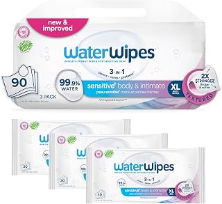 WaterWipes Sensitive+ Body & Intimate Wipes: 99.9% Purified Water, Unscented Hypoallergenic 3-in-1 Clean Care Protect, 90 Wipes (3 Packs)