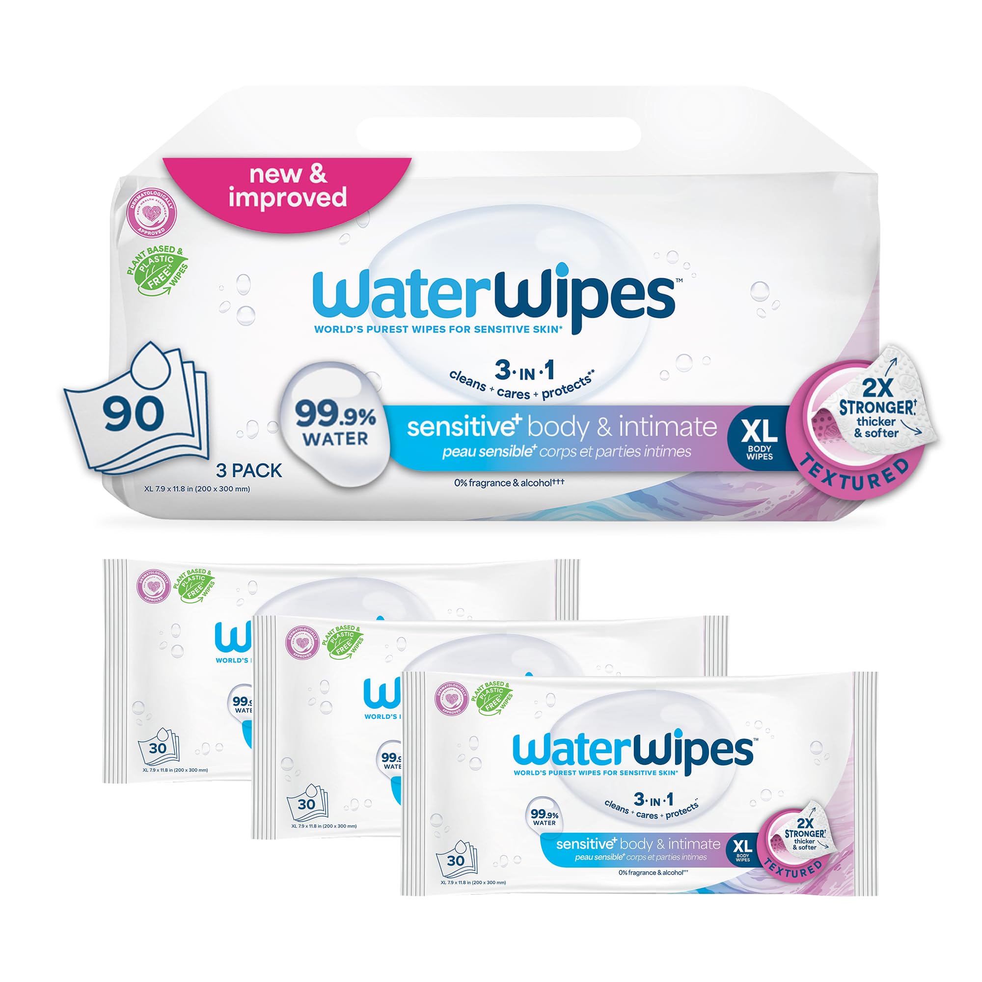 WaterWipes Adult Care Wipes, Extra-large 99.9% Water Based Wipes, Unscented & Hypoallergenic for Sensitive Skin, 90 Count (3 Packs)