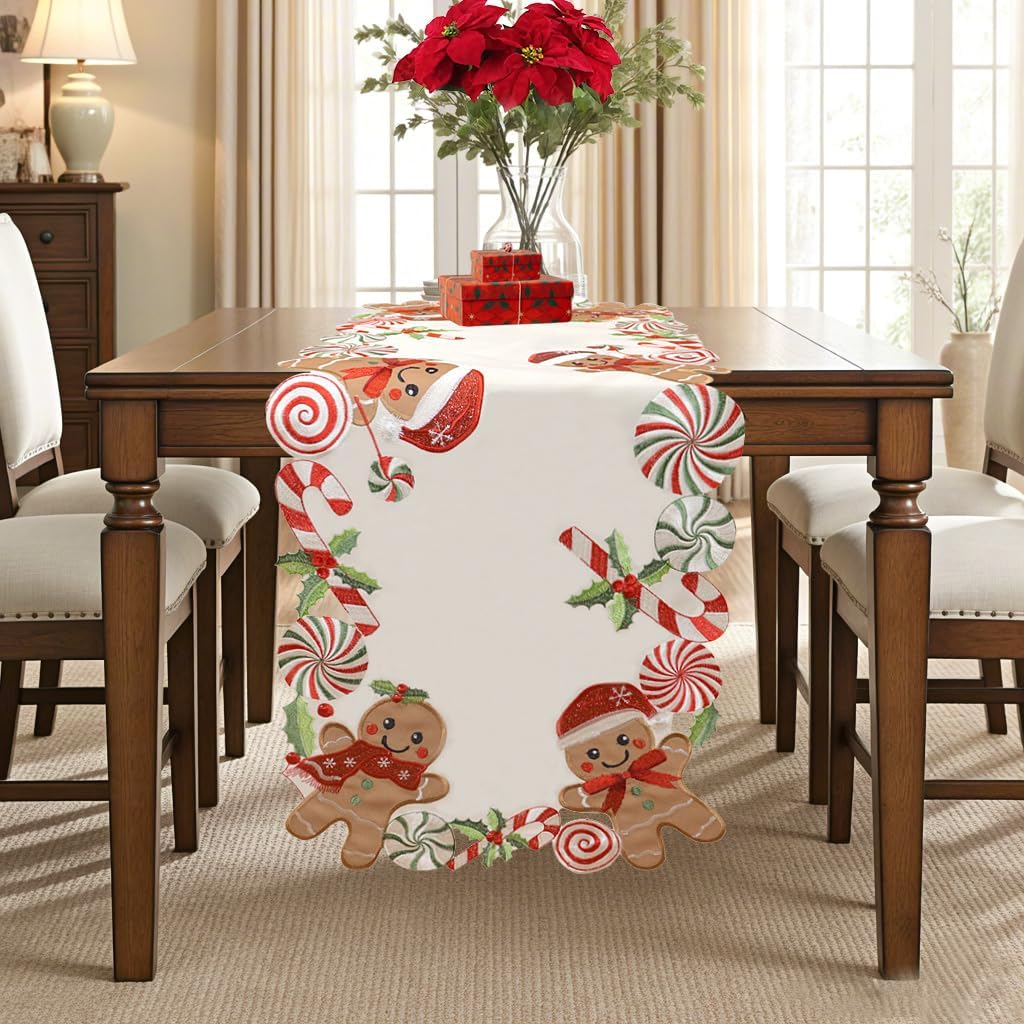 Gingerbread Table Runner Christmas Runners Embroidered Decorations Candy Cane 90 inches Long for Kitchen Dinning Coffee Table Home Holiday Party Decor
