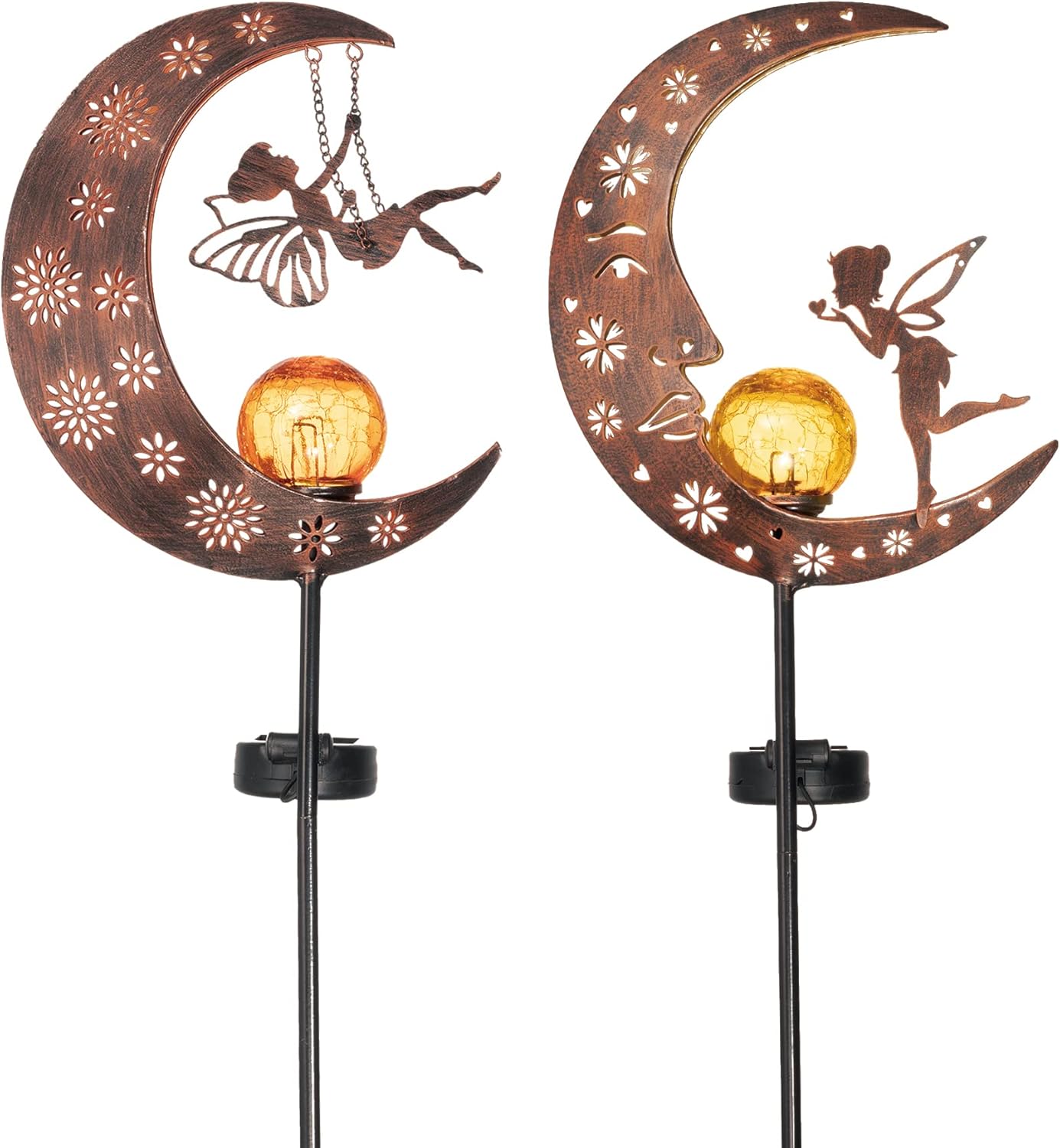 TERESA'S COLLECTIONS 2 Pcs Fairy Moon Garden Accessories for Yard Decorations Outdoor, Solar Lights for Garden Decor Outside, 40" Metal Yard Stake Pathway Lights for Patio, Gift for Christmas