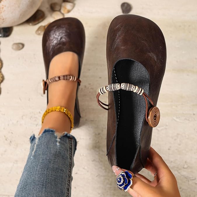 Women Flat Shoes Round Toe Ankle Strap Loafers Lightweight Slip On Leather Shoe Comfy Non Slip Casual Flats