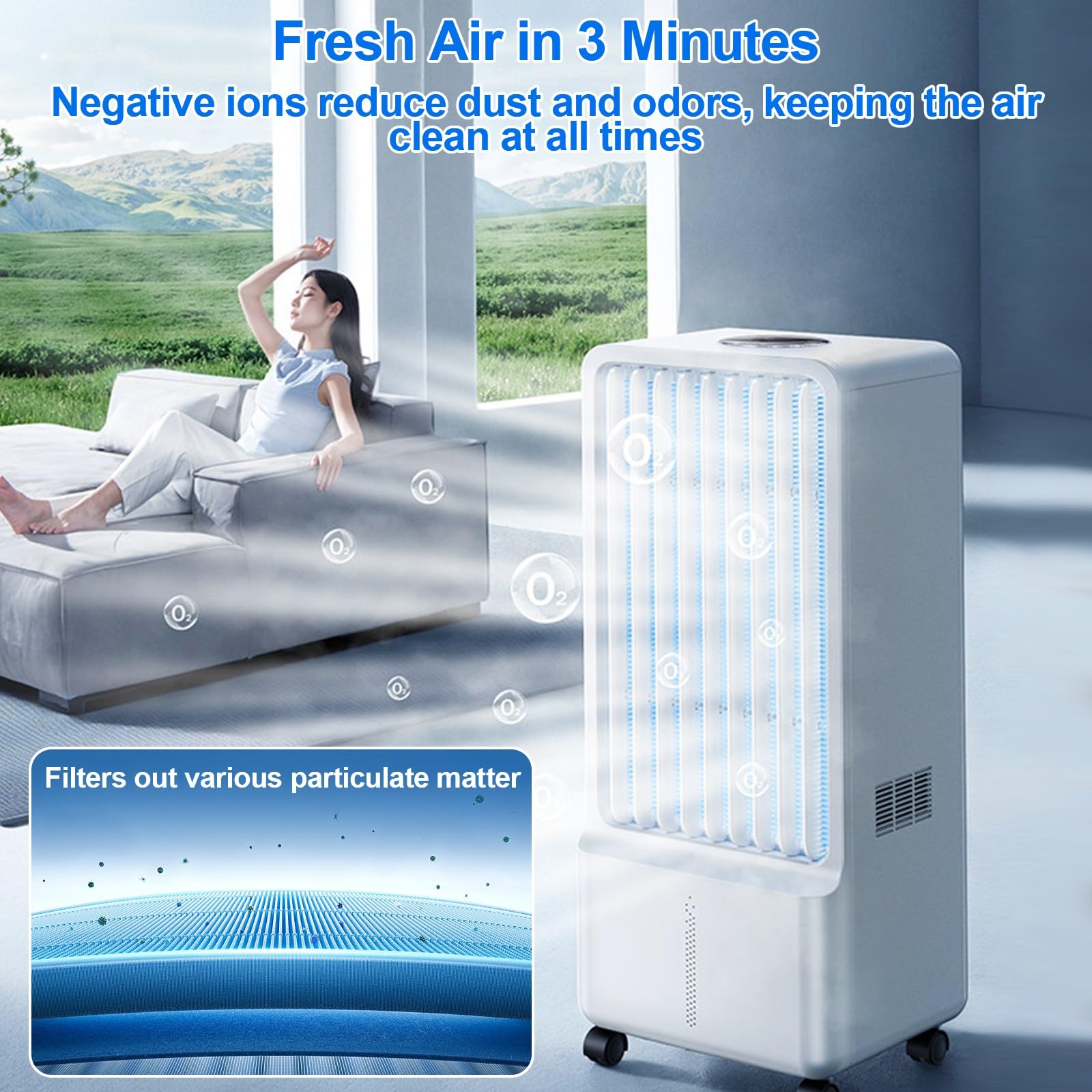 Pinguino Aire Frio, Depósito de Agua de 6 Litros, Sistema de Refrigeración Activa No Necesita Hielo, Aire Acondicionado Portátil Sin Tubo, Oscilación de 80°, 3 Velocidades y 3 Modos