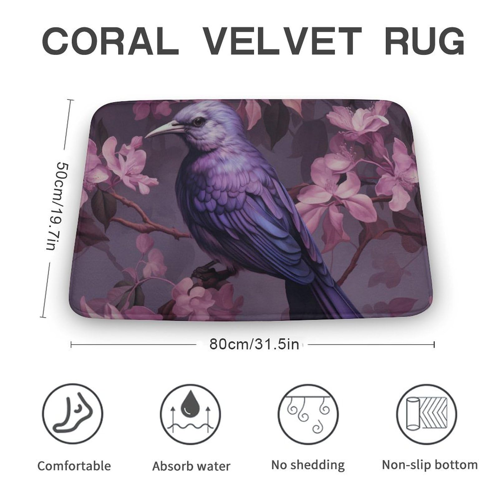 Bird in Purple Flowers Coral Velvet Rugs Non-Slip Bathroom Rugs Soft Kitchen Rug Floor Carpet for Home Decor 19.7