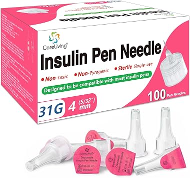 CareLiving Insulin Pen Needle 31G 4 mm 5/32, 100 Count, Universal Fit Compatible with Most Pen Injector Device, Ultra-Thin for Comfortable Insulin Injection
